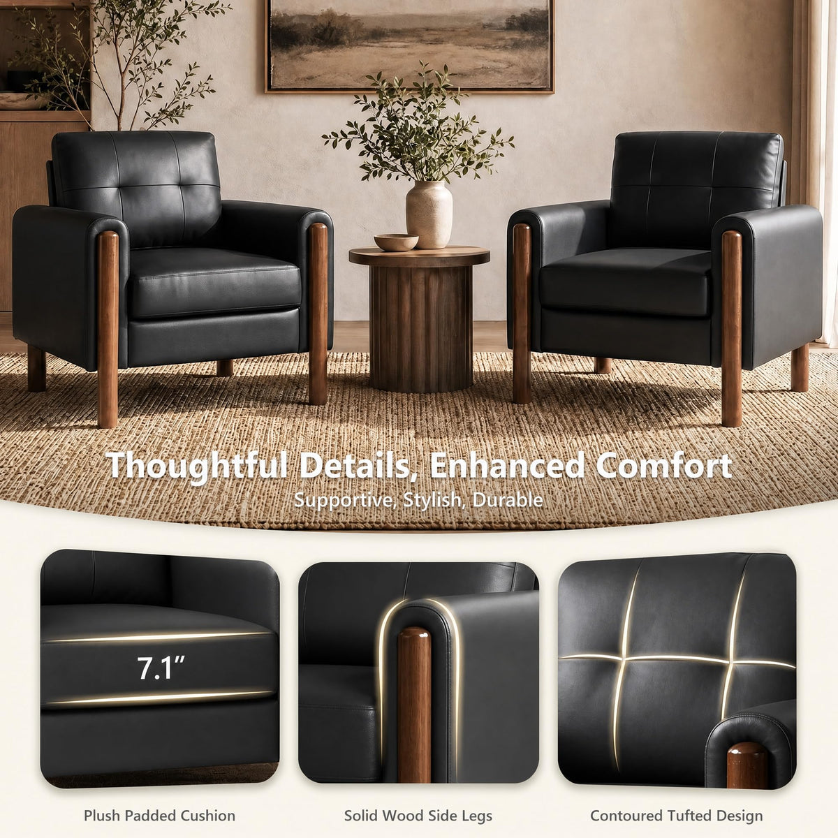 STHOUYN 35" Black Leather Oversized Accent Chair with Wood Armrests, Mid-Century Modern Tufted Living Room Chair, Comfy Reading Sofa Chair with Lumbar Support & Thick Cushion Waiting Room Office