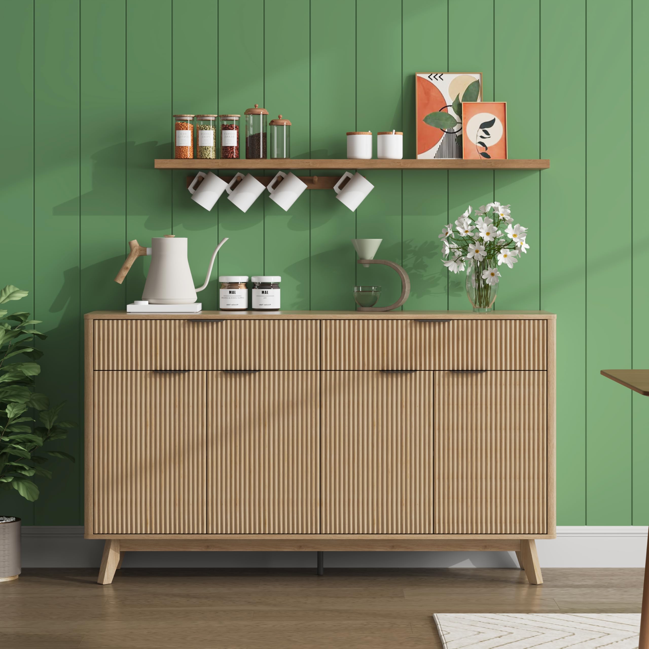 60" Rattan Buffet Sideboard Cabinet with Drawers & Wave Doors