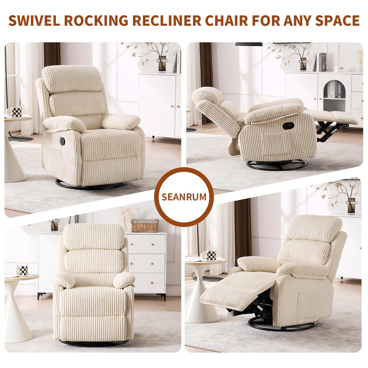 Adult 360° Rocking Recliner Chair，Nursery Rocker Reclining Chair with Side Pocket, a Comfy upholstered Single Sofa Armchair. Suitable for Living Room, Bedroom Nursing use, Velvet Fabric in Beige
