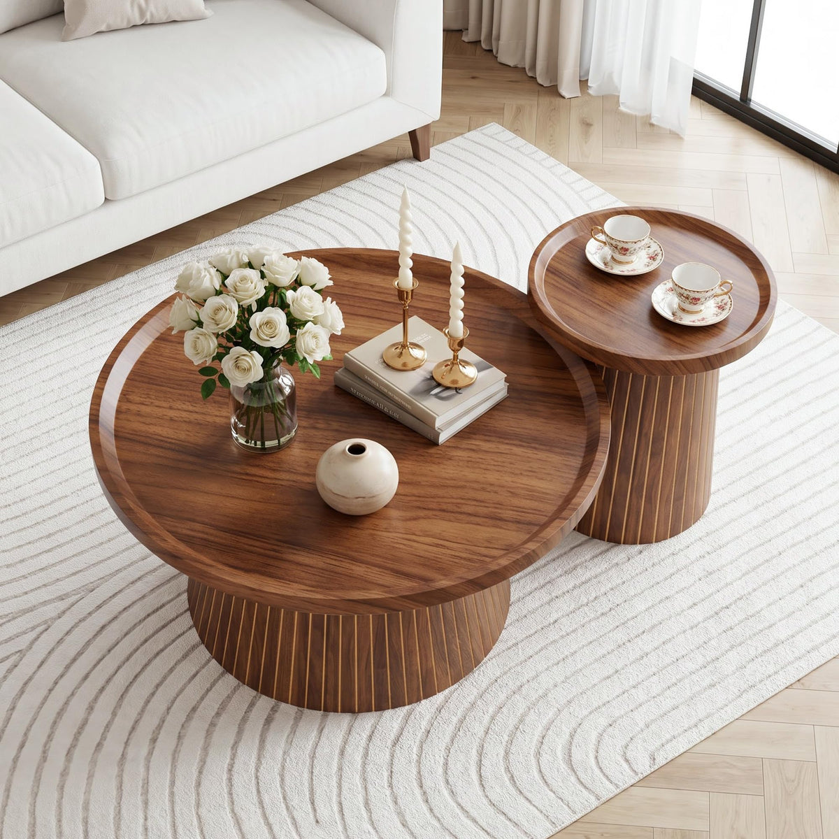 Zelurelle Nesting Coffee Table Set of 2, Circle Center Table Fluted Drum