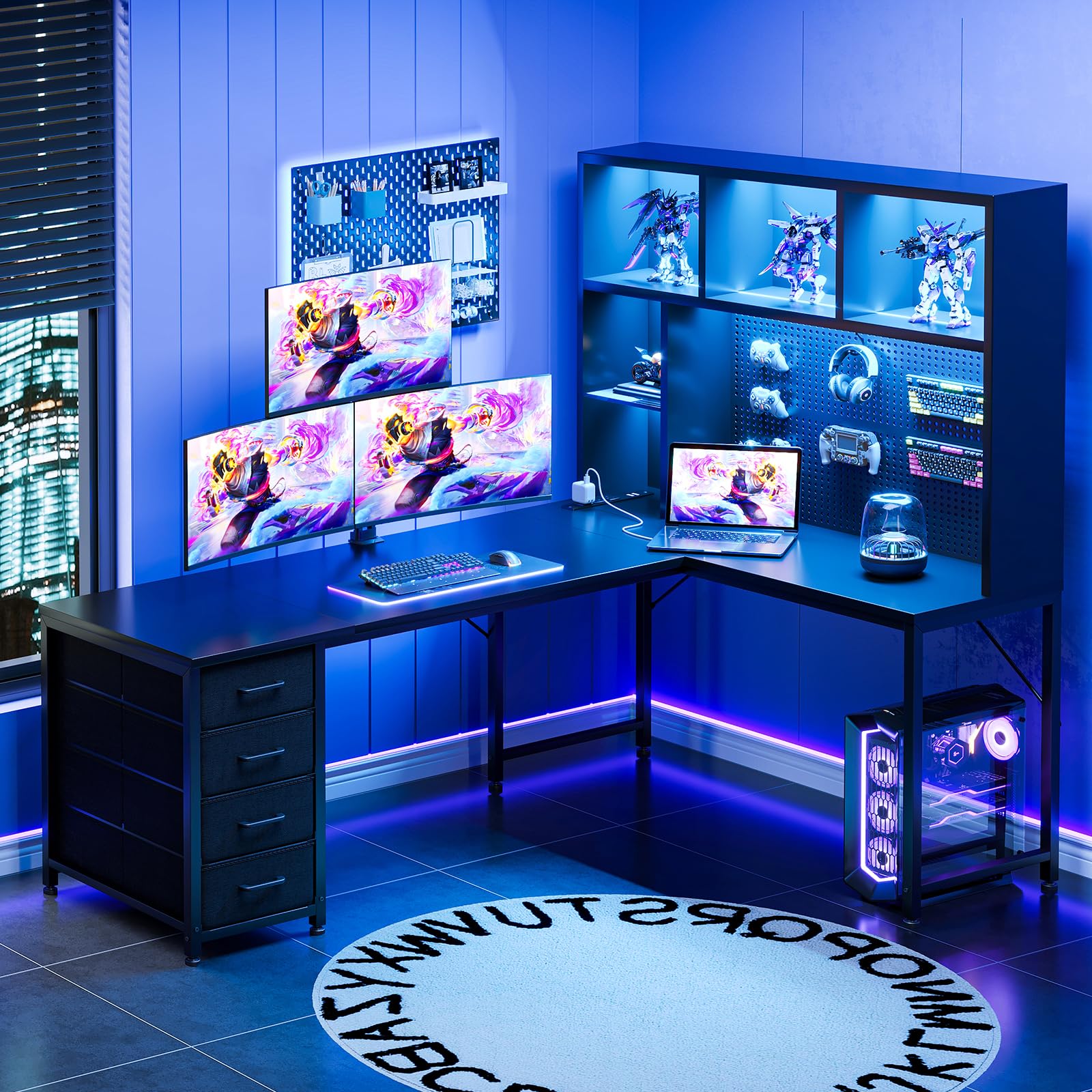L-Shaped Gaming Desk with Hutch, Pegboard & LED Lights
