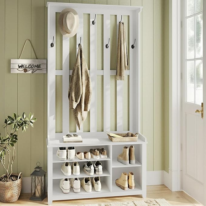Hall Tree with Bench, Shoe Storage & 7 Double Hooks