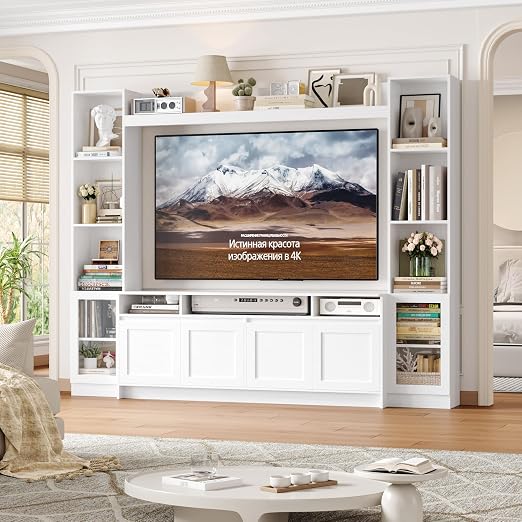 79" Entertainment Center with LED Lights & Bookshelf Storage