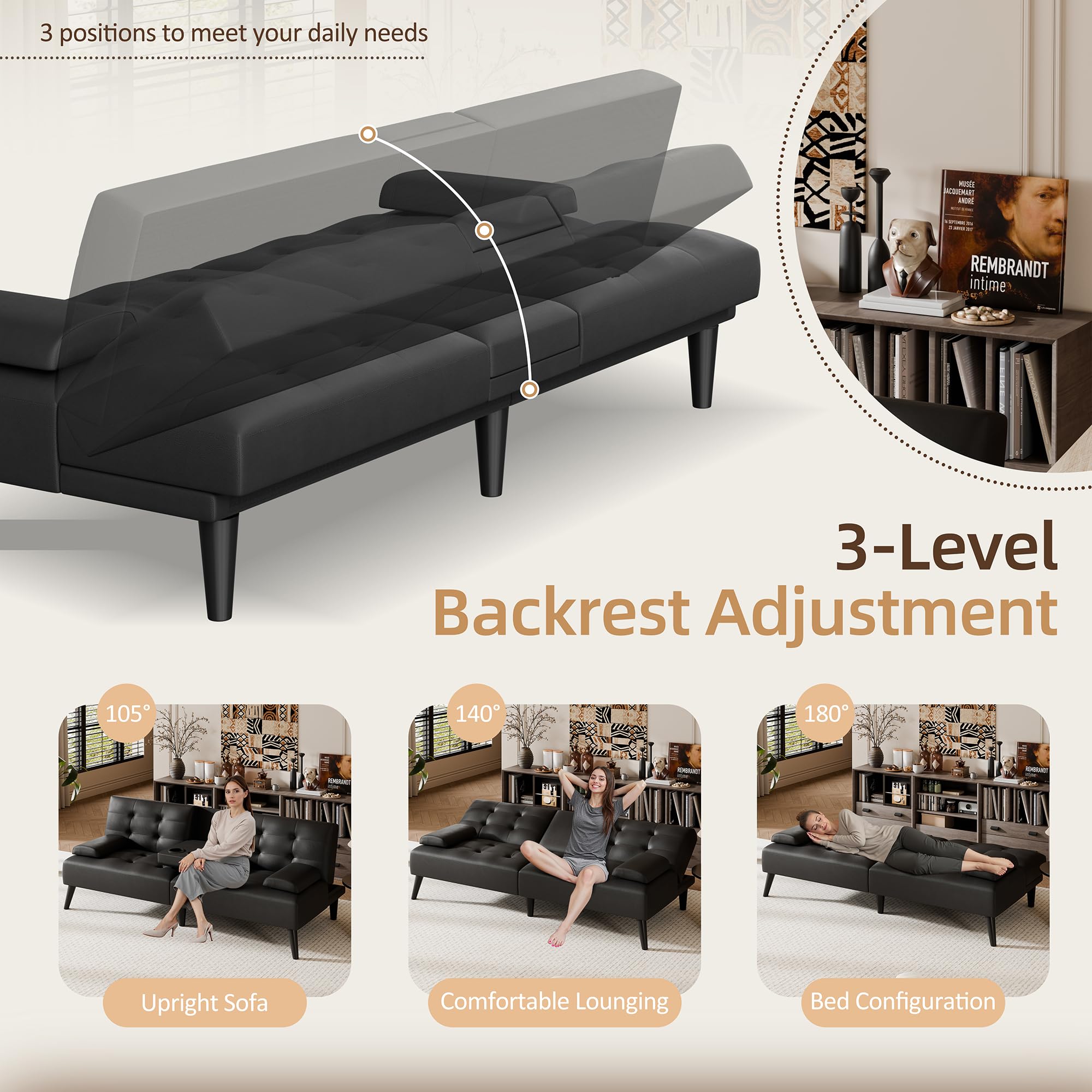 Foldable Futon Sofa Bed with Reclining Backrest & Cup Holders