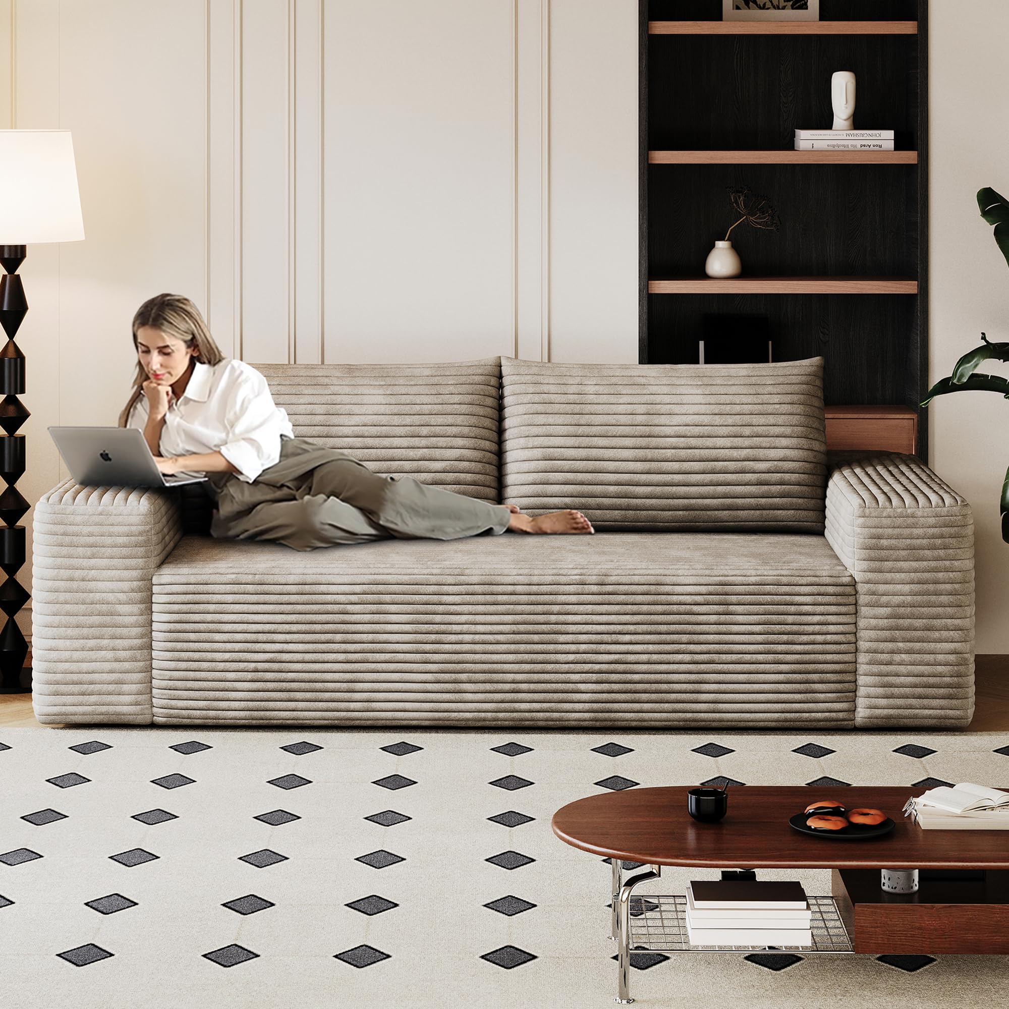 RENDGO 71" 3-Seater Love Seat Sofa,No Assembly Required, Plush Corduroy Loveseat Boneless Couch with High Cushion Backrest and Wider Armrest for Living Room Apartment Bedroom,Camel