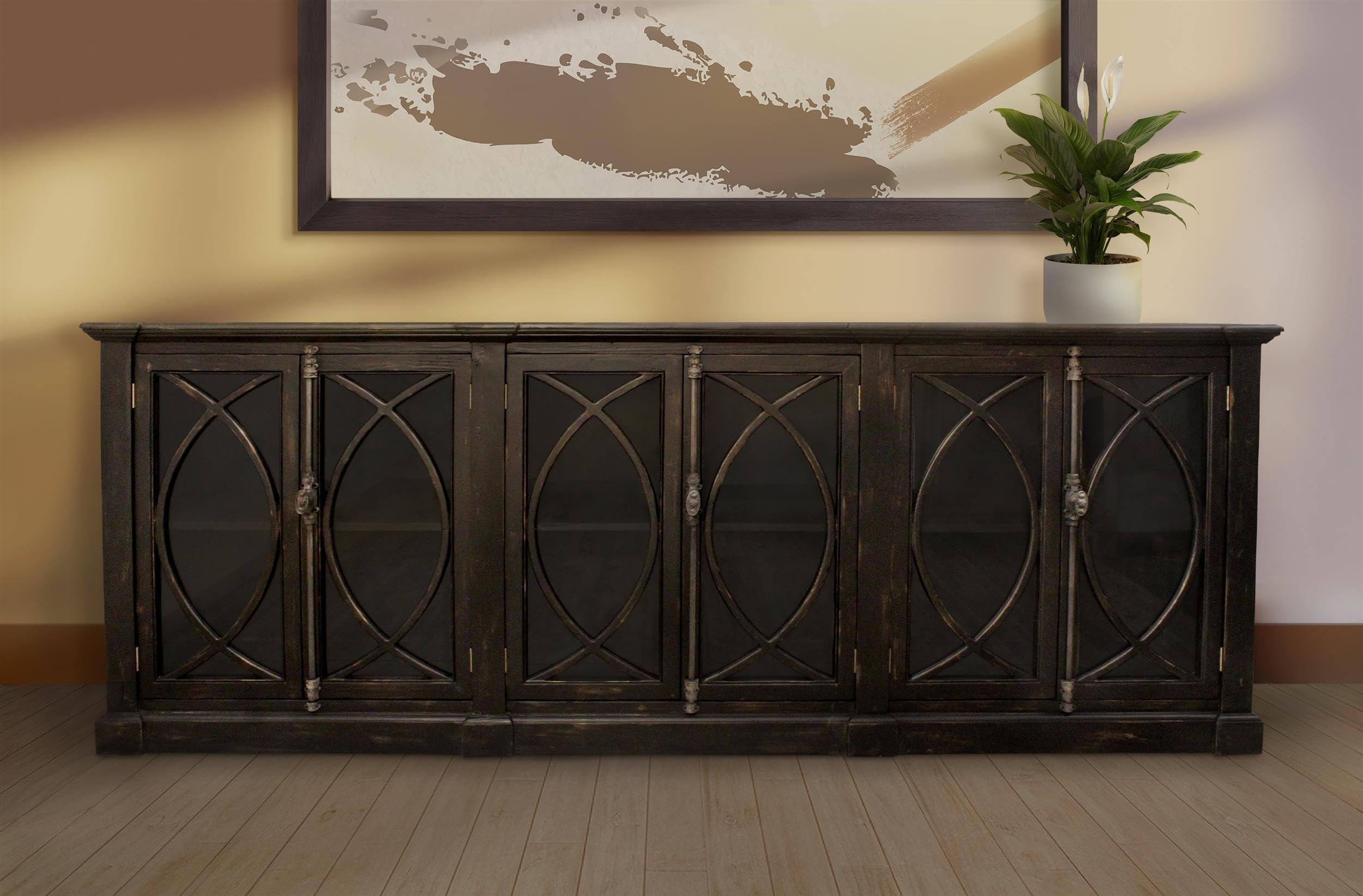 Moti Wheatstone 6-Door Sideboard in Antique Black Finish on Pine Solid Wood