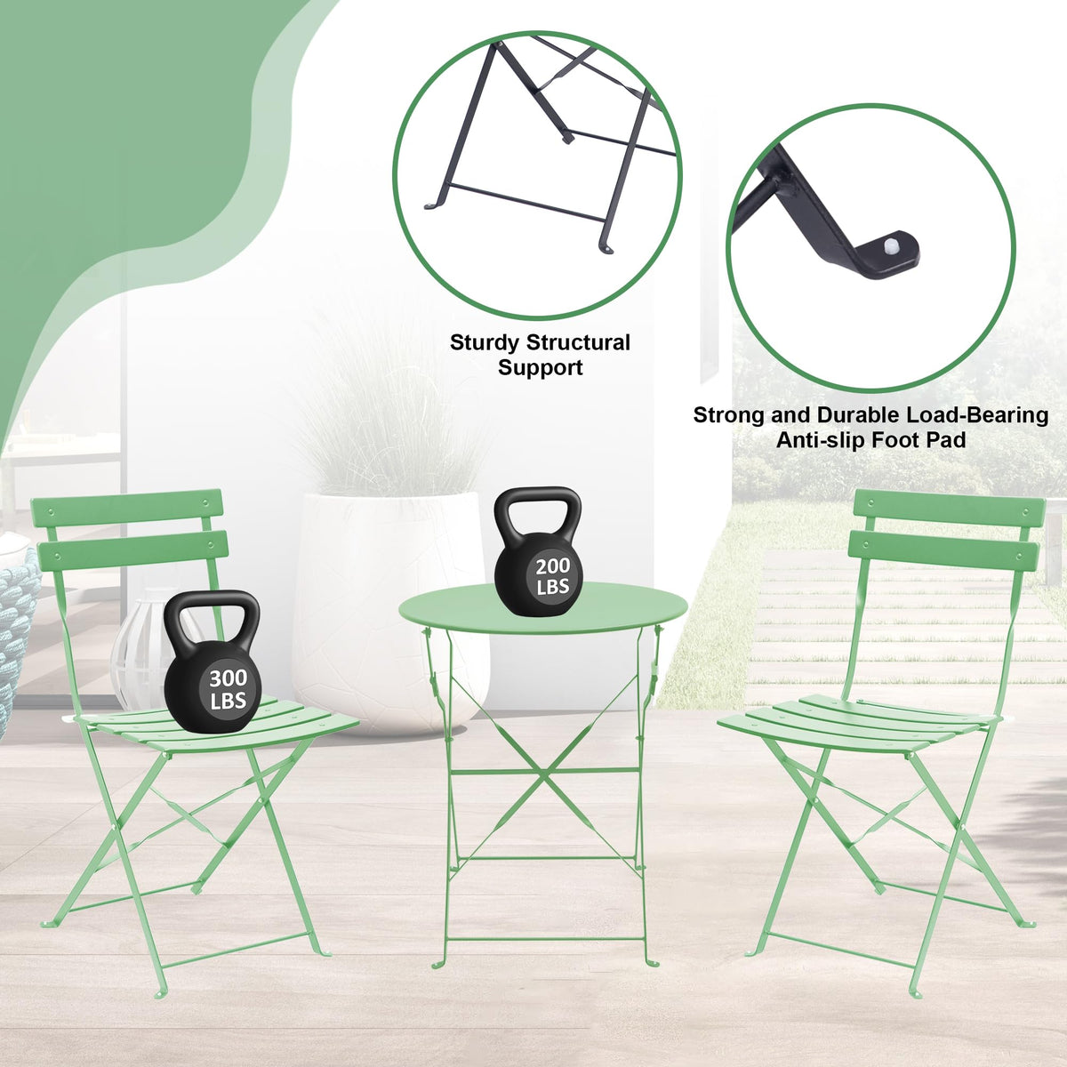 Decksplore 3-Piece Patio Bistro Set, Folding Outdoor Bistro Table and Chairs with Sturdy Steel Frame, No Assembly Required, Small Patio Furniture for Balcony Garden Porch, Bean Green