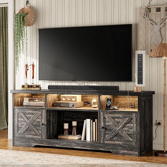 LED TV Stand with Power Outlet & Storage Cabinets