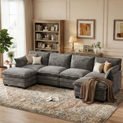 OhaiAura U Shaped Modular Sectional Sofa, Cloud Couch with Movable Ottoman, Comfy Chenille Sofa with Pillows for Living Room, Bedroom, Apartment, Dark Gray