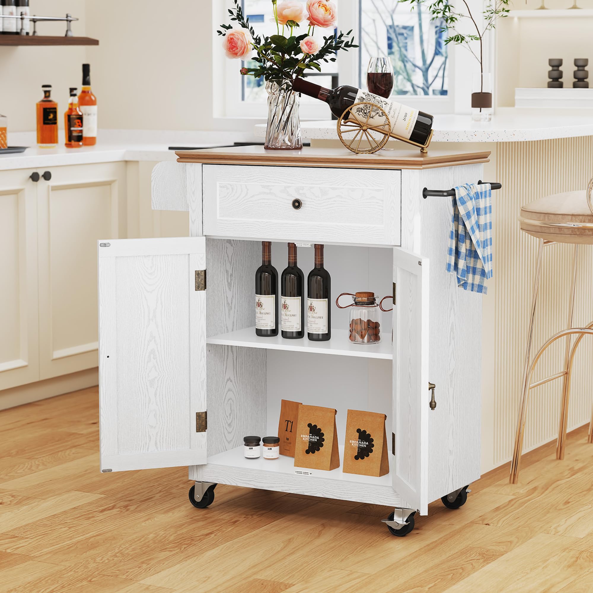 HLR 26'' Small Kitchen Island, Vintage Wood Rolling Kitchen Island Cart with Storage Cabinet and Drawer, Kitchen Cart on Wheels with Spice Rack & Towel Rack for Dining Room, White