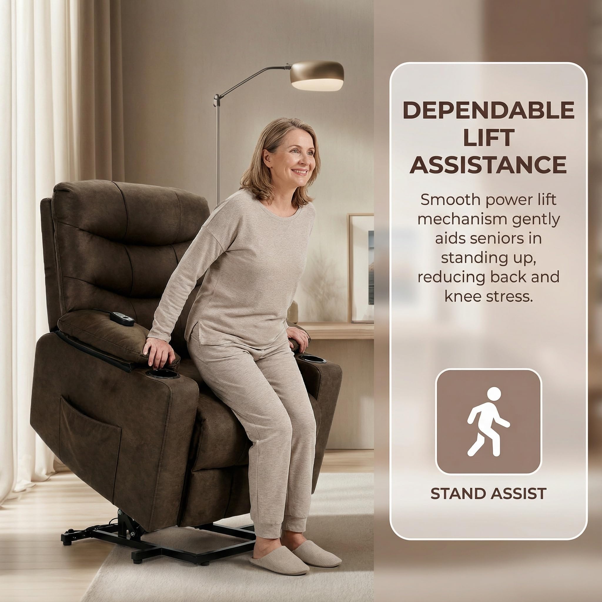 Electric Power Lift Recliner Chair for Elderly, Lift Recliner Chair with Massage and Lumbar Heat, 150° Reclining Chair with Cup Holders, Side Pockets and Remote Control, Ideal for Living Room (Brown)
