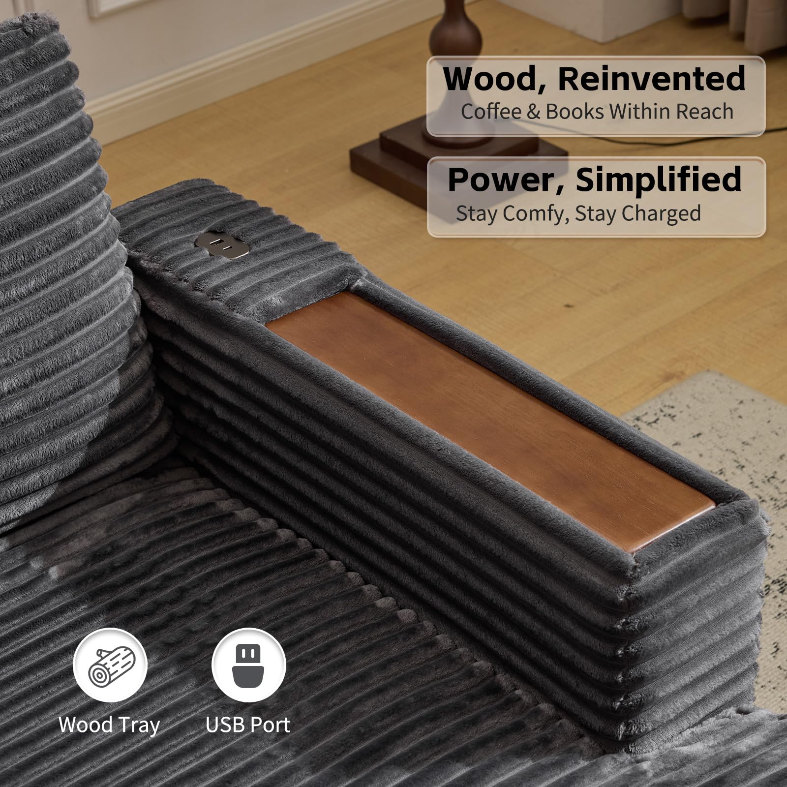 AEDI Oversized Chaise Lounge Chair with Reading Light & USB Charging,Sleeper Sofa with Cup Holder, Solid Wood Frame,for Living Room,Bedroom(Corduroy Grey)