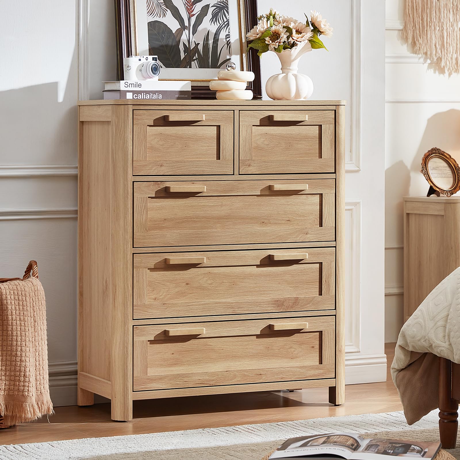 Joaxswe Farmhouse 5 Drawer Dresser for Bedroom, Chest of Drawers with 5 Deep Drawer & 4 Thickened Table Legs, Natural Wood