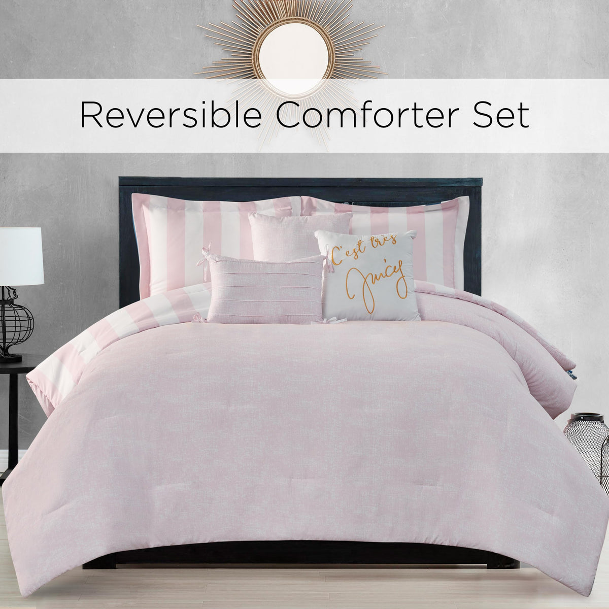 Pink Striped Reversible Comforter Set