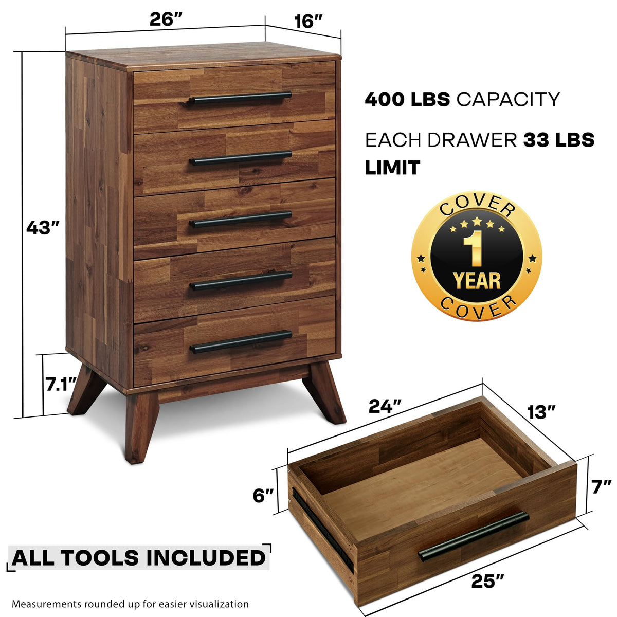 Acacia Linea 26" 5-Drawer Solid Wood Dresser, Chest of Drawers, Walnut