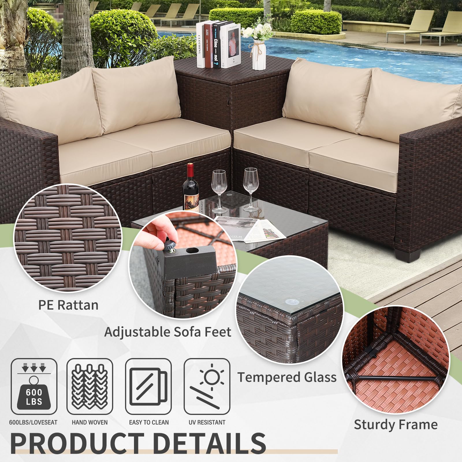 4-Piece Outdoor Wicker Sectional Sofa Set with Storage Box & Glass Top Table