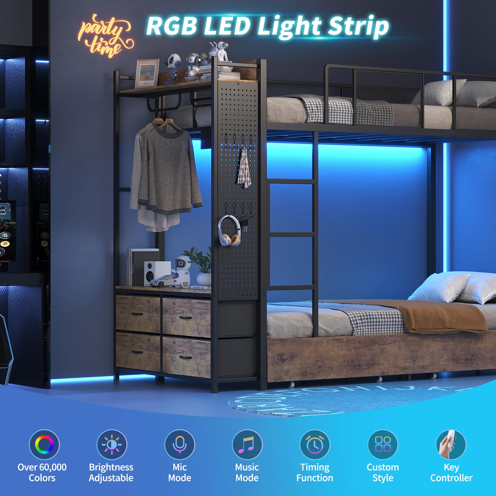 Twin Over Twin Bunk Bed with Hall Tree, LED Lights & Storage