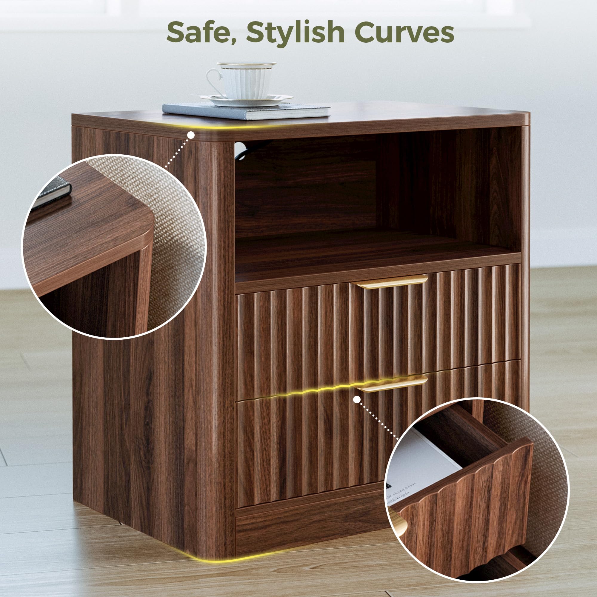 Fluted Nightstand Set of 2 with Charging Station