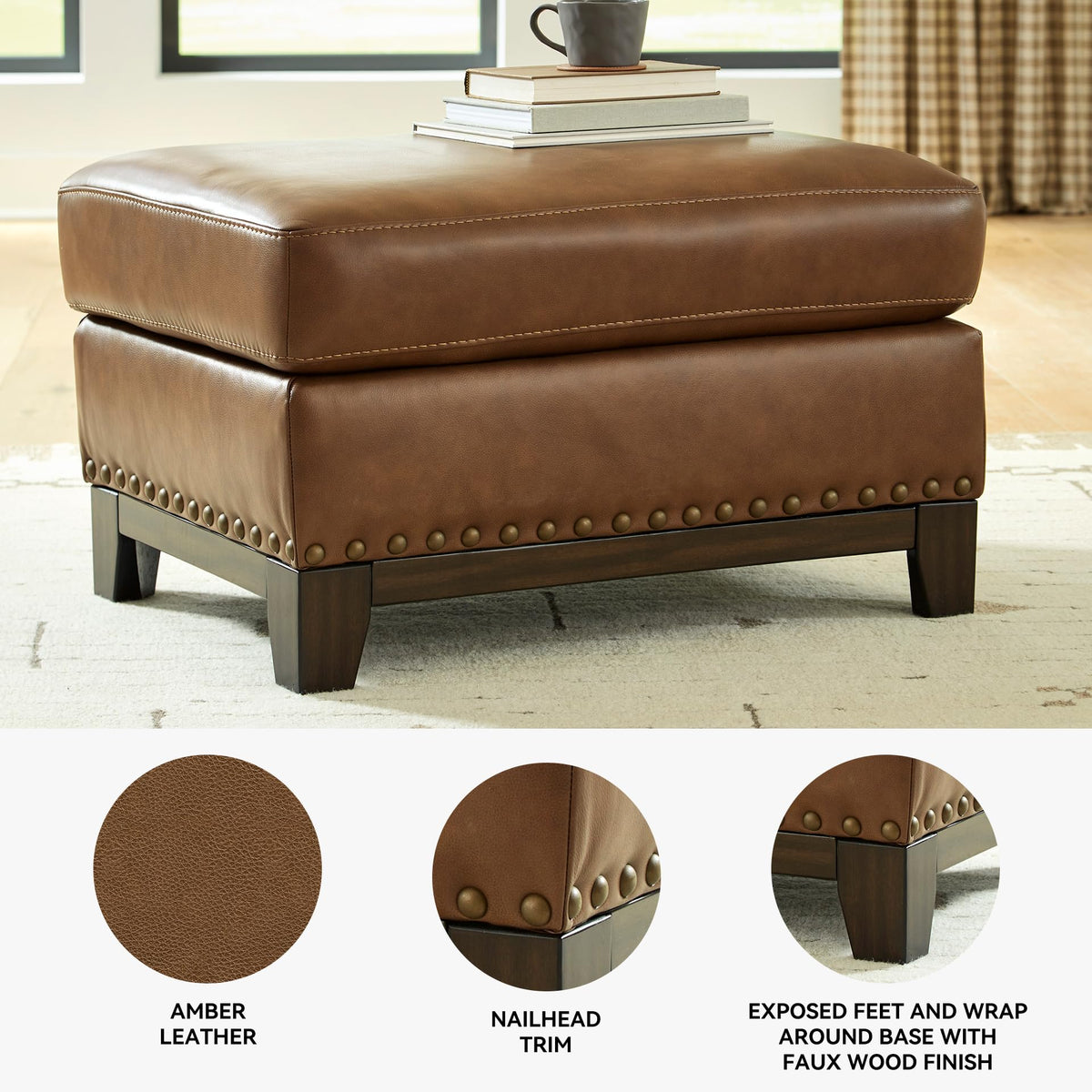 Signature Design by Ashley Brendola Leather Ottoman, Amber, No Assembly