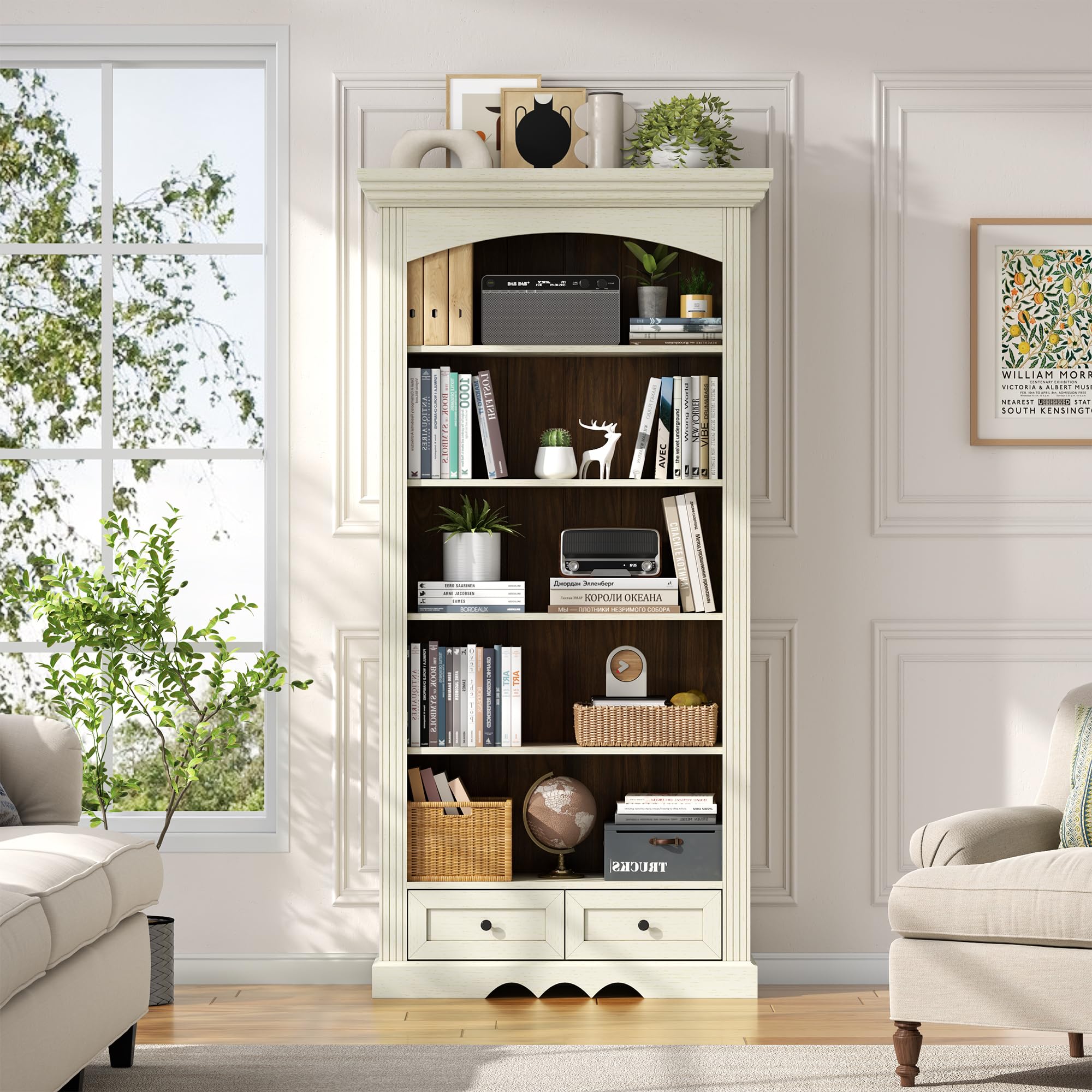 Gyfimoie 71’’ Tall Arched Bookcase with Stroage, Farmhouse 5-Tier Arch Bookshelf with Drawers, Freestanding Book Shelf with Adjustable Shelf and Roman Column Pattern for Home Office (1, White)