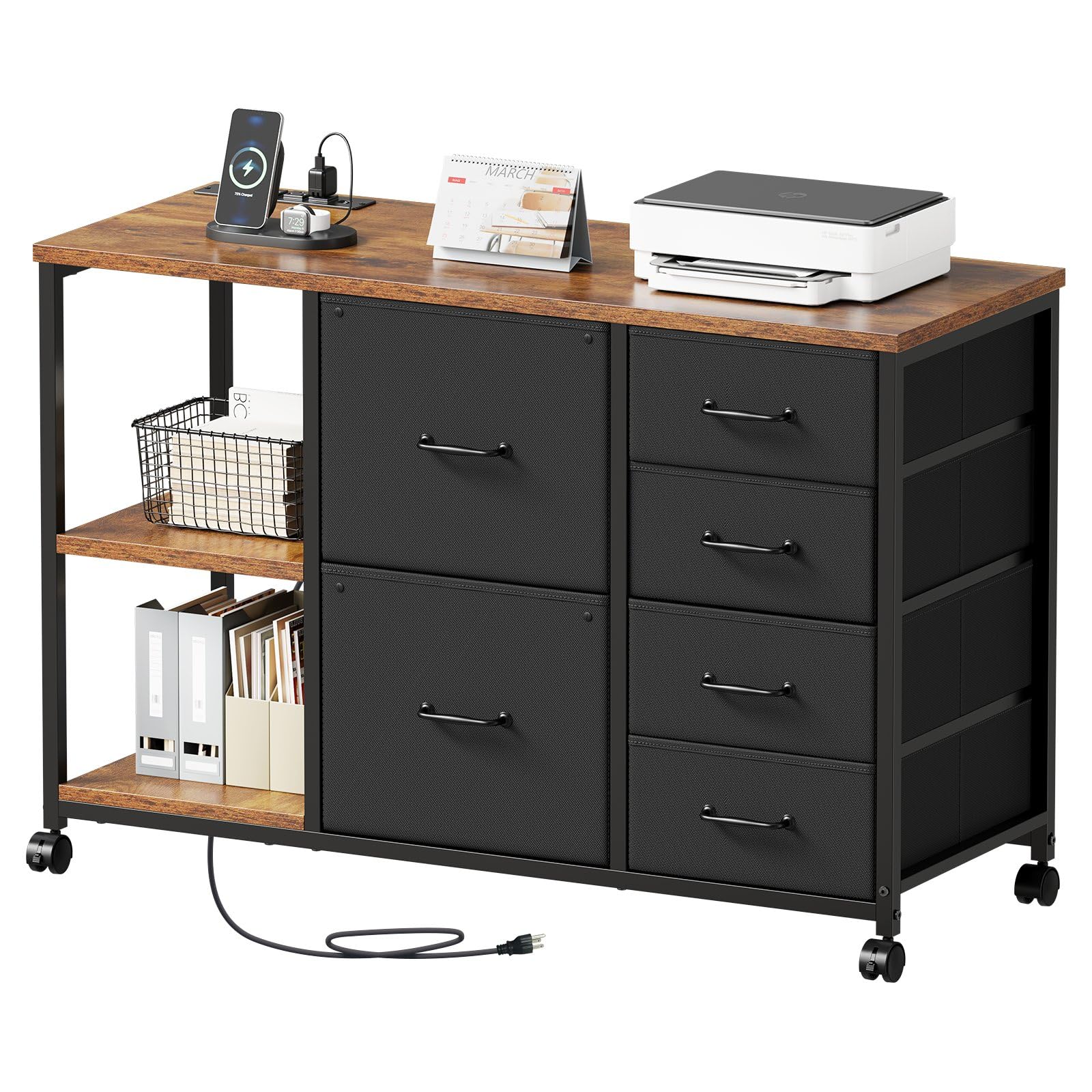 6-Drawer File Cabinet with Charging Station & Rolling Printer Stand