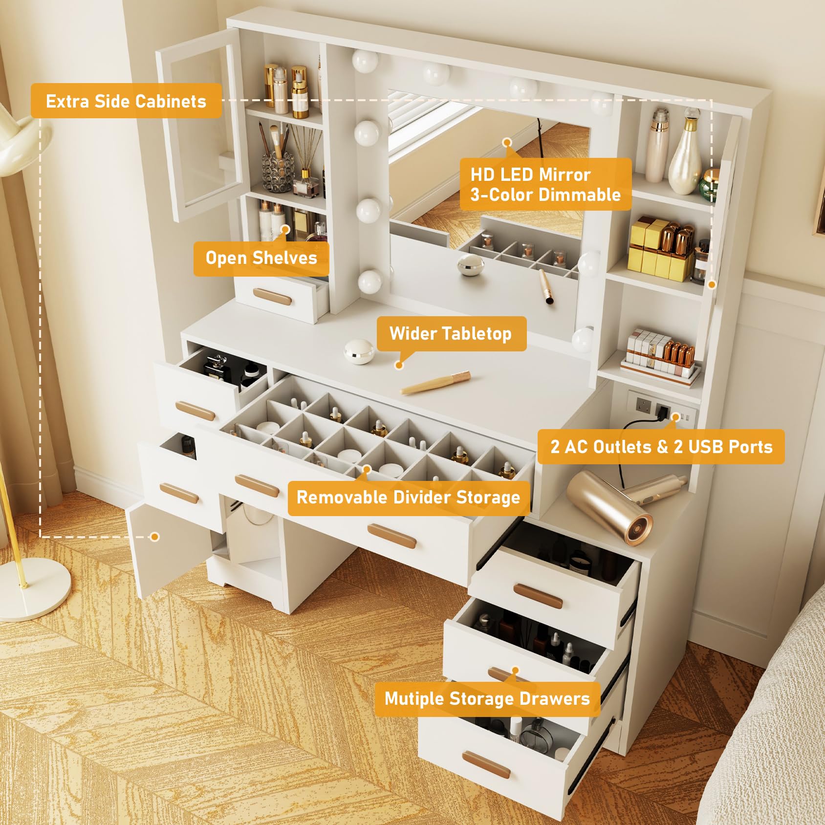 AISALL 48.8" Makeup Vanity, Large Vanity Desk with Mirror and Lights, Makeup Desk with Charging Station, Vanity Dresser with 7 Drawers for Bedroom Dressing Room, for Women, Girls, White