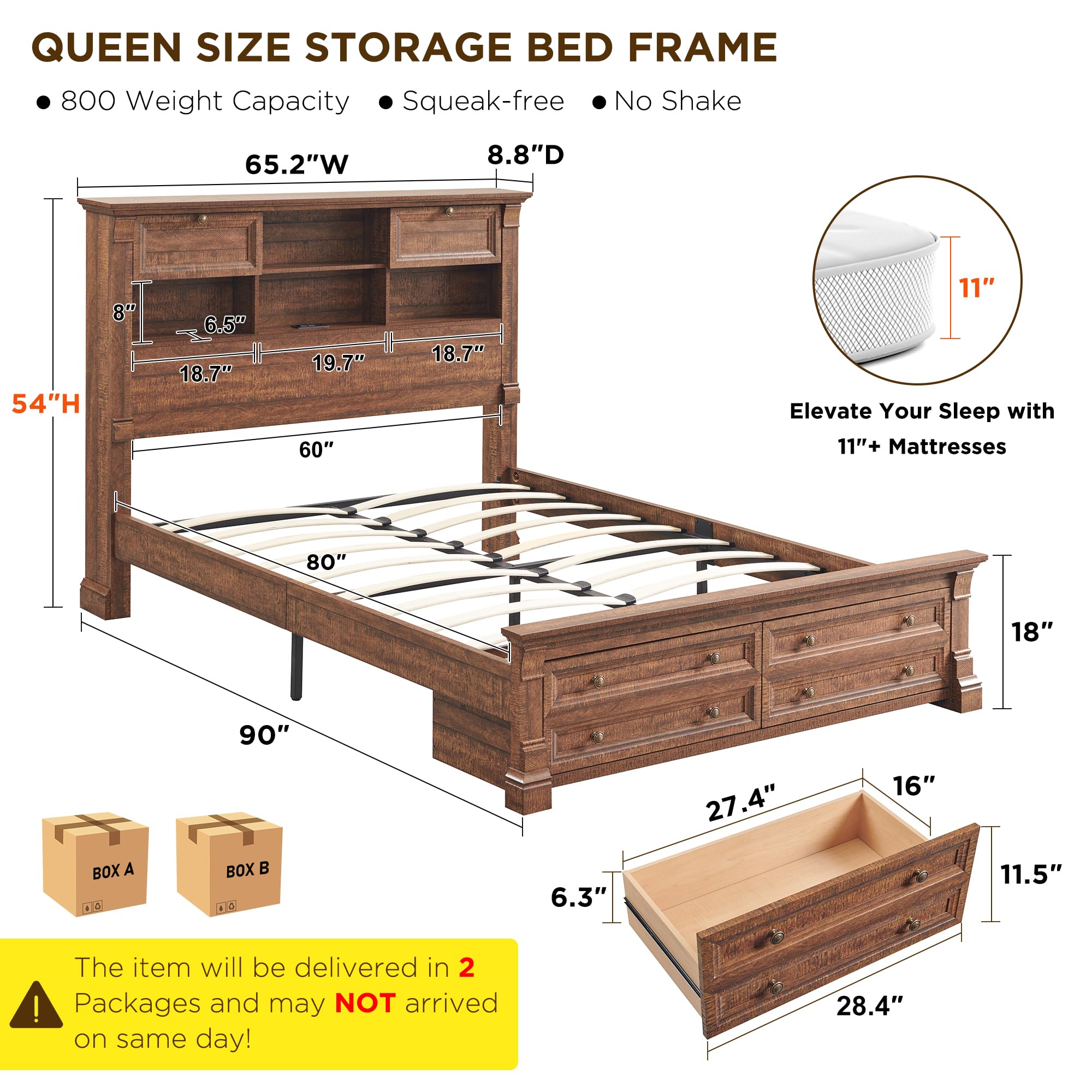 Queen Size Bed Frame with Tall Headboard & Storage