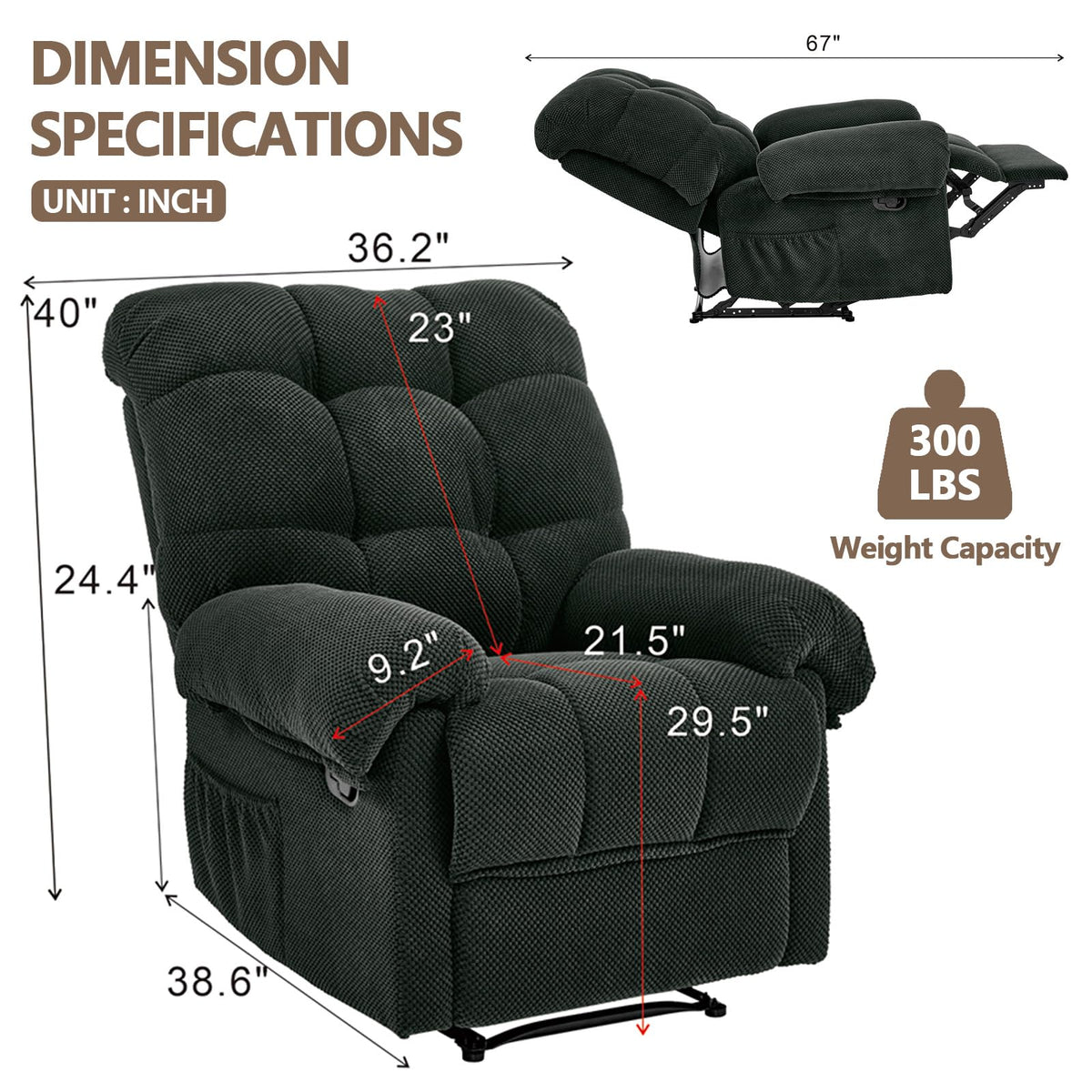 Dark Grey Small Recliner Chair for Small Spaces, Corduroy RV Recliner with Side Pockets, Reclining Chairs for Adults, Modern Manual Recliners for Living Room Bedroom (Dark Grey)