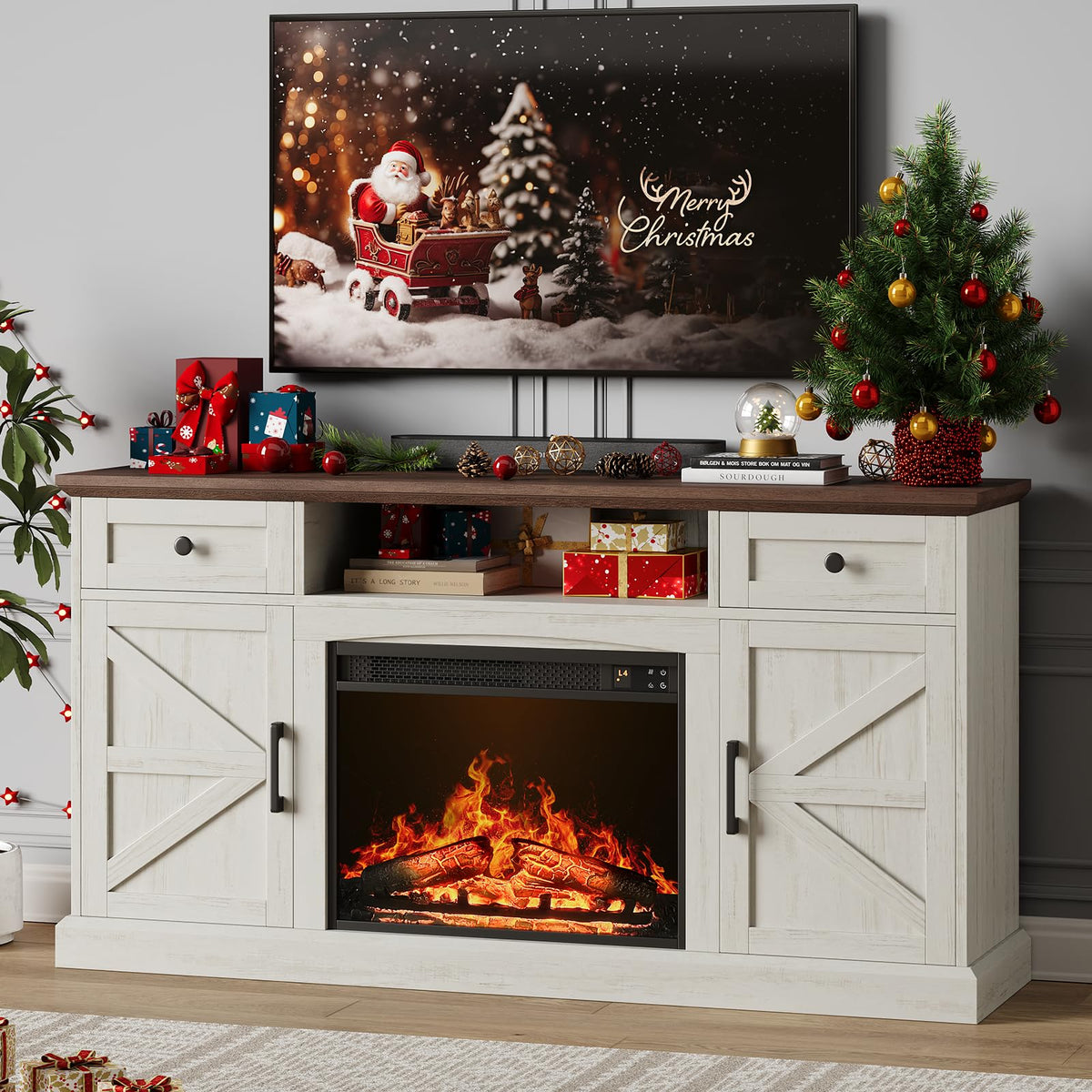 ONBRILL Farmhouse Fireplace TV Stand, TV Table with 23" Electric Fireplace