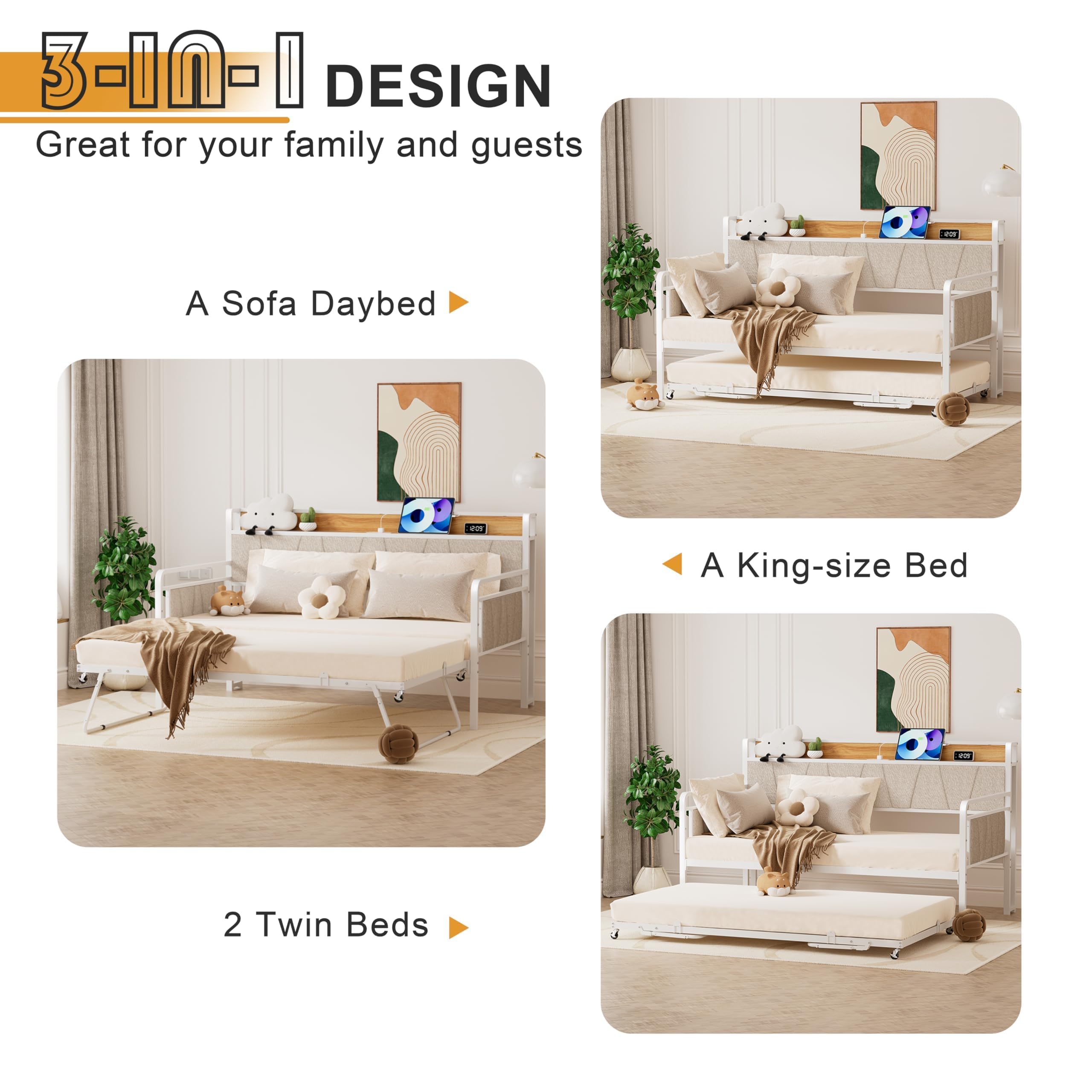 knocetx Twin Daybed with Trundle, Modern Twin Size Sofa Day Bed, Sturdy Metal Bed Frame with Upholstered Headboard for Living Room, Bedroom, Studio Apartment (White)
