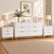 RIHHA White and Gold 3-Piece Fluted Dresser and Nightstand Set for Bedroom