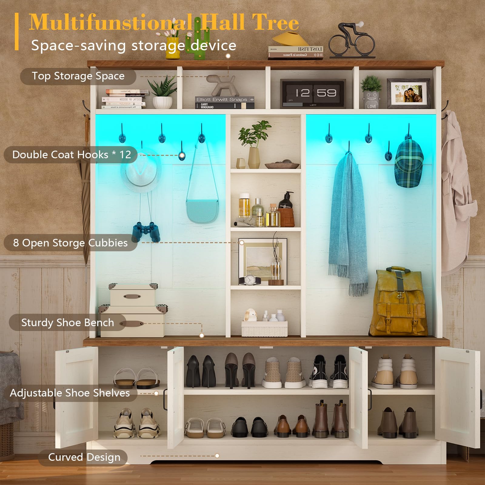 5-in-1 Farmhouse Hall Tree with Bench, Shoe Cabinet, 12 Hooks & LED Lights