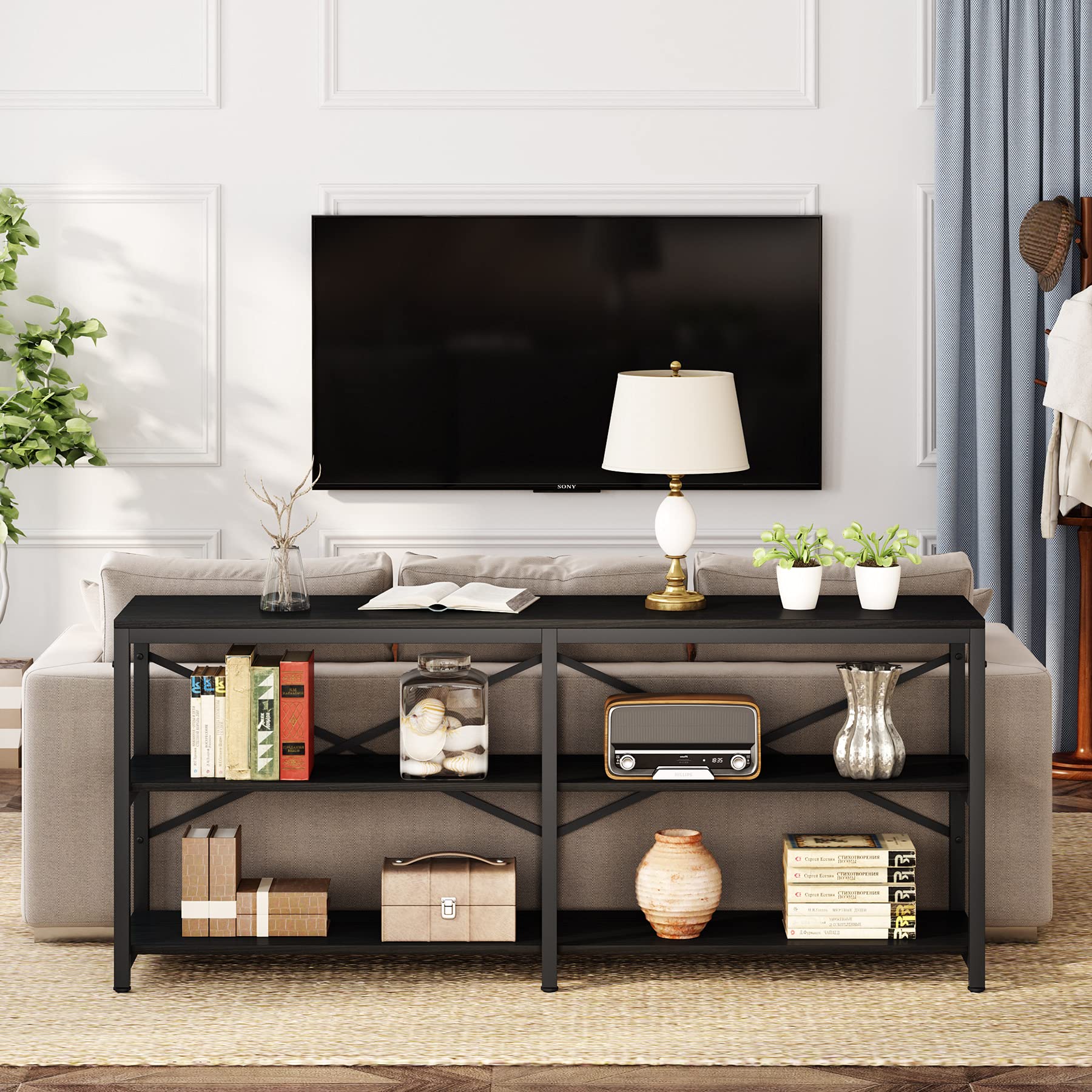 Tribesigns 70.9 Inch Extra Long Console Table, Modern Sofa Table Behind Couch Table with Storage Shelves, 3-Tier Industrial Hallway Entryway Table for Living Room, 3 Shelf Bookshelf(Black)