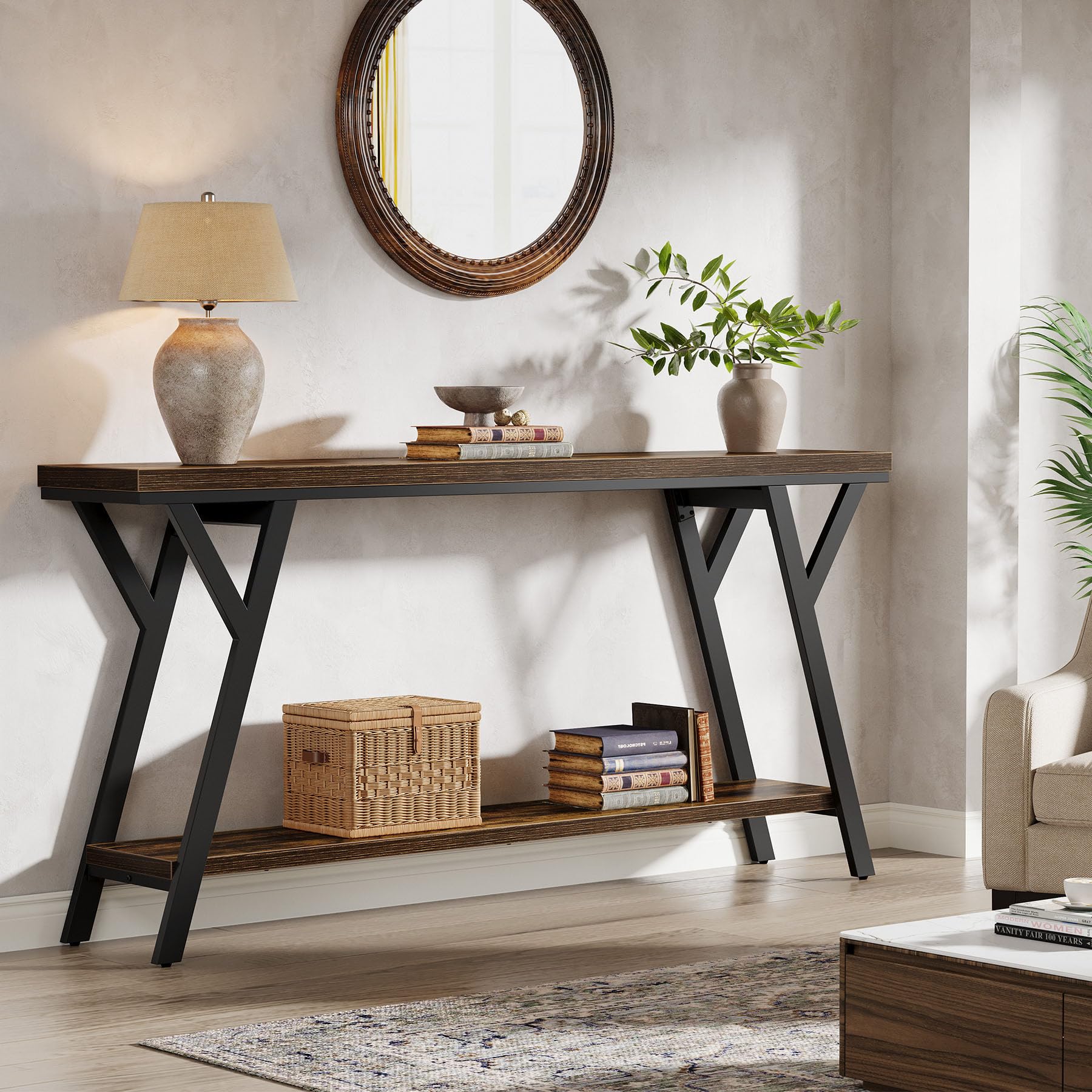 Tribesigns 70.9-Inch Narrow Long Entryway Console Table, Industrial Sofa Table Behind Couch with 2-Tier Storage Shelf for Hallway, Living Room, Entrance, Foyer, Rustic Brown