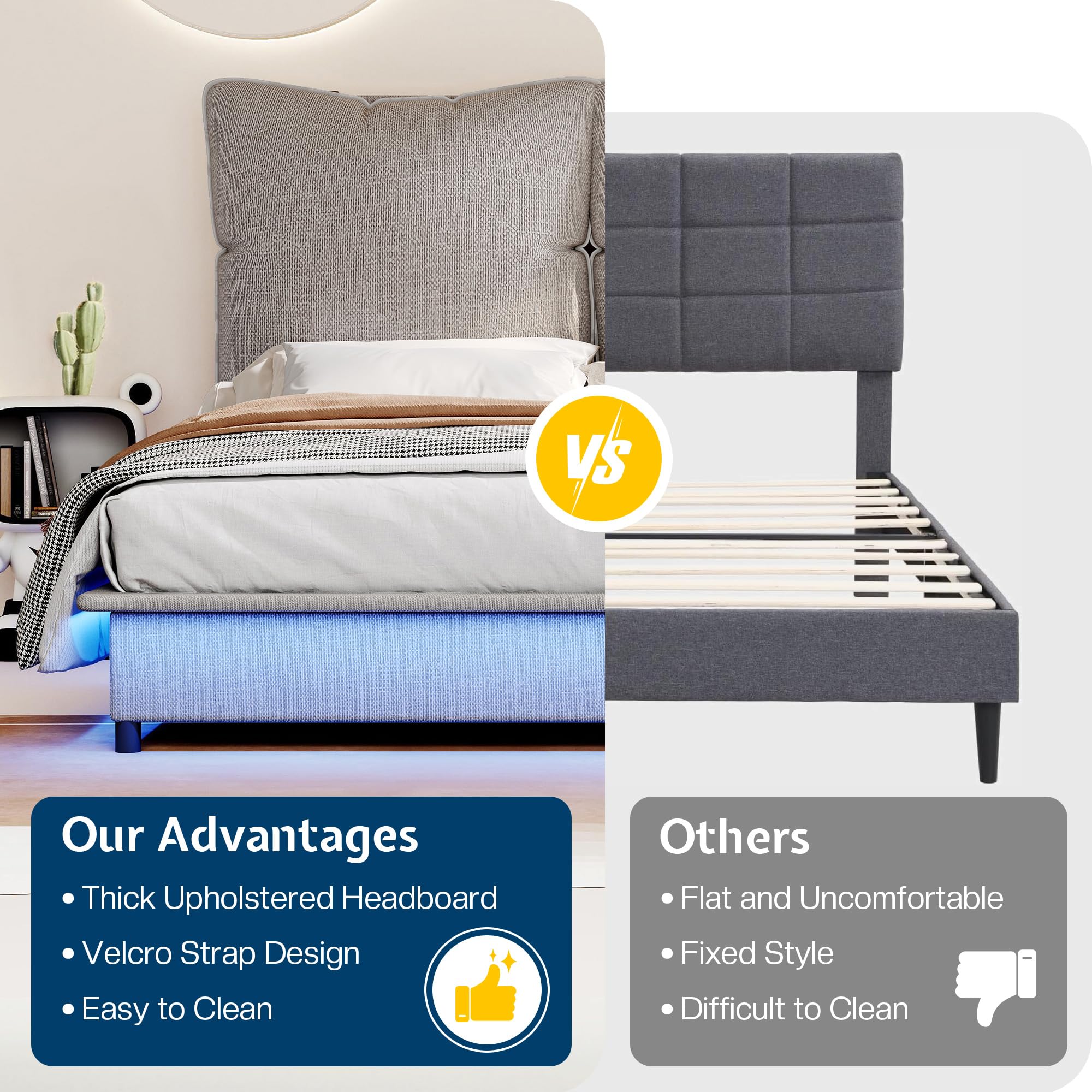 Jocisland LED Queen Bed Frame with Headboard and Removable Oversized Upholstered Cushions, Stable Floating Design, Two Look Options, No Box Spring Needed, Easy Assembly,Grey