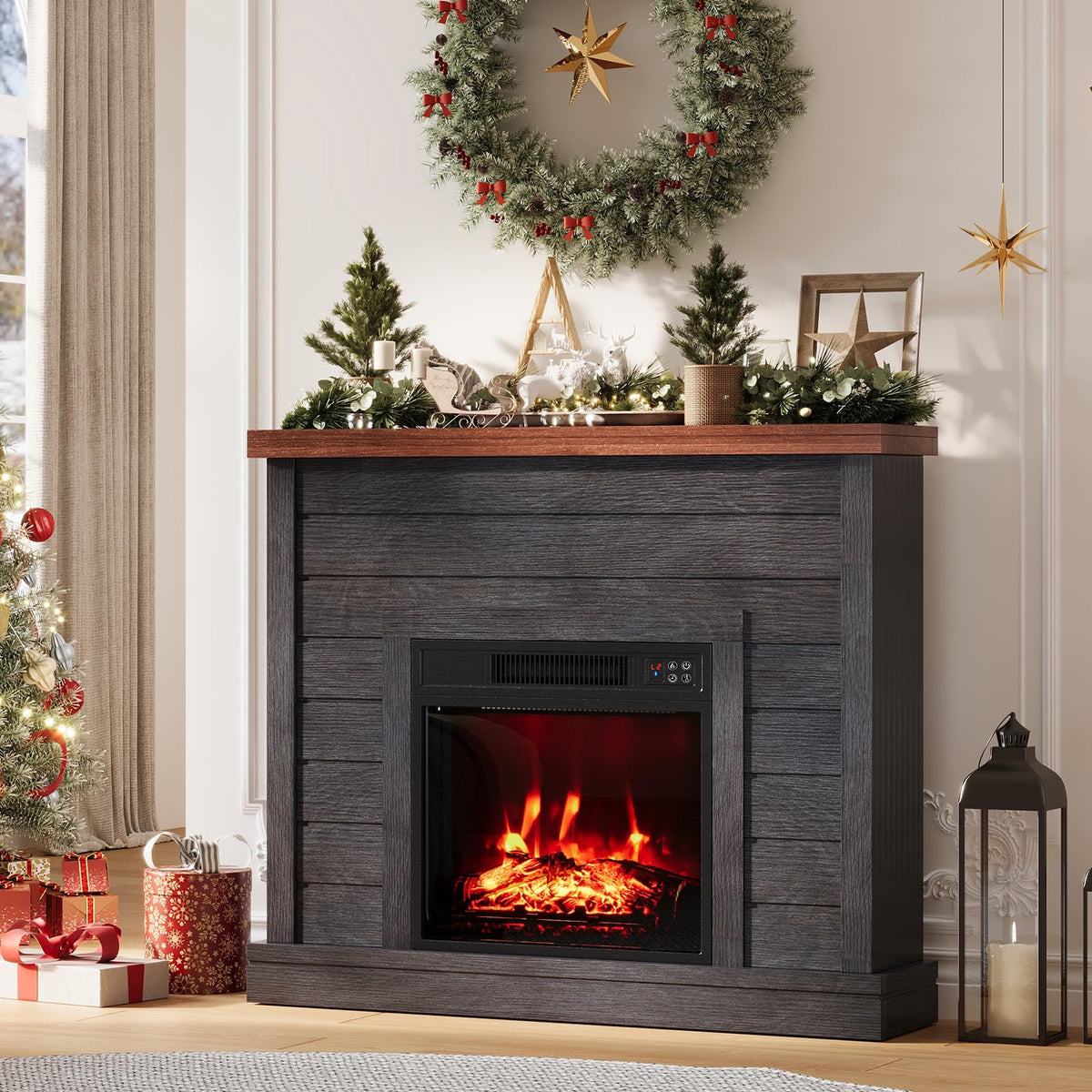Garvee 38in Freestanding Electric Fireplace with Mantel, TV Stand Includes 18'' Electric Fireplace Insert with Adjustable Flame Temperature and Remote Control for Bedroom Living Room, Black
