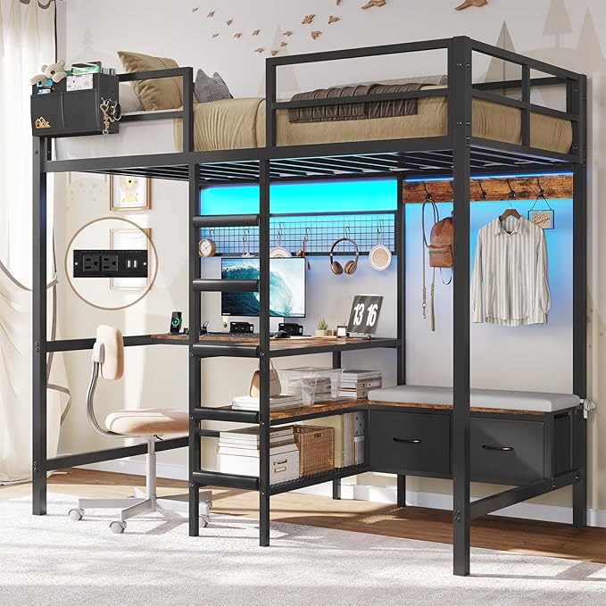 Twin Loft Bed with L-Shaped Desk & LED Lights