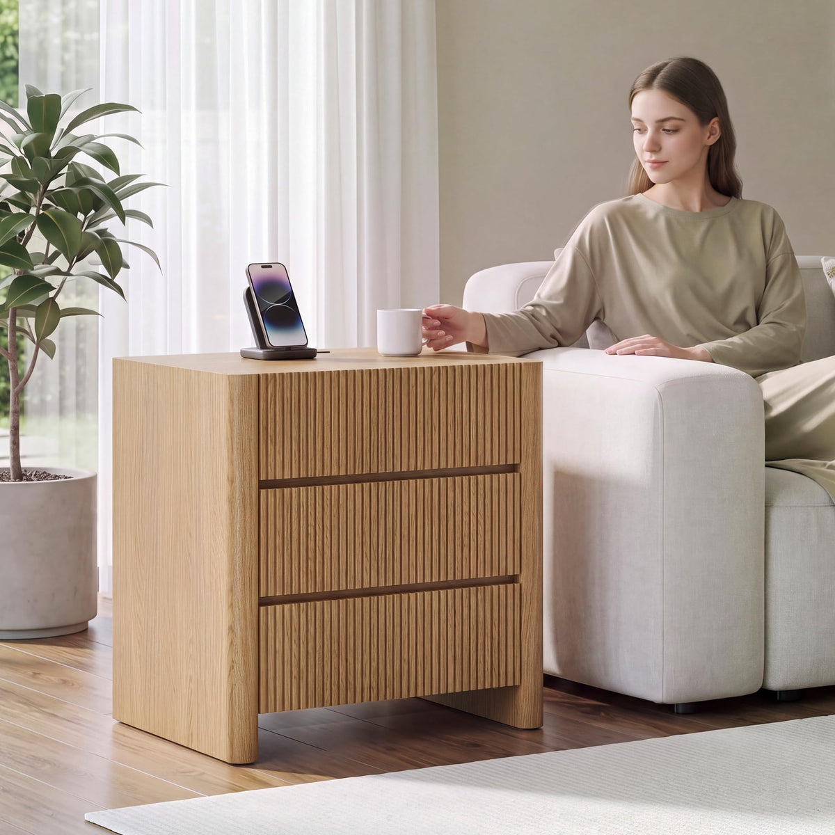 Apicizon 23.6'' Wide Fluted Nightstand with Charging Station, Natural