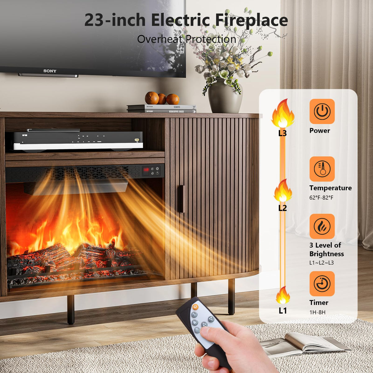 ONBRILL 63" Fluted Fireplace TV Stand with 23" Electric Fireplace, Walnut