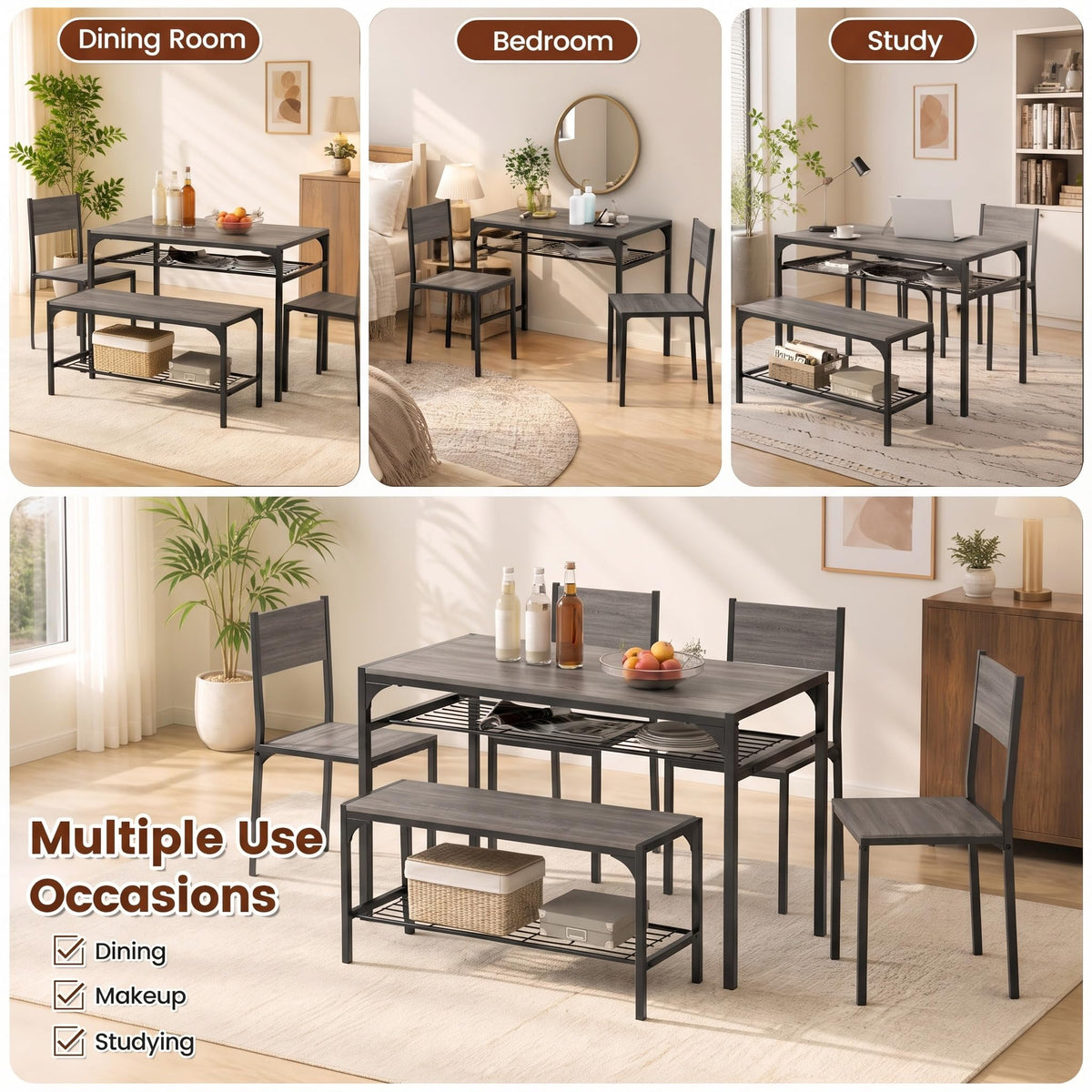 COSTWAY Dining Table Set for 4 with Bench & 2 Chairs, Storage Racks, Grey
