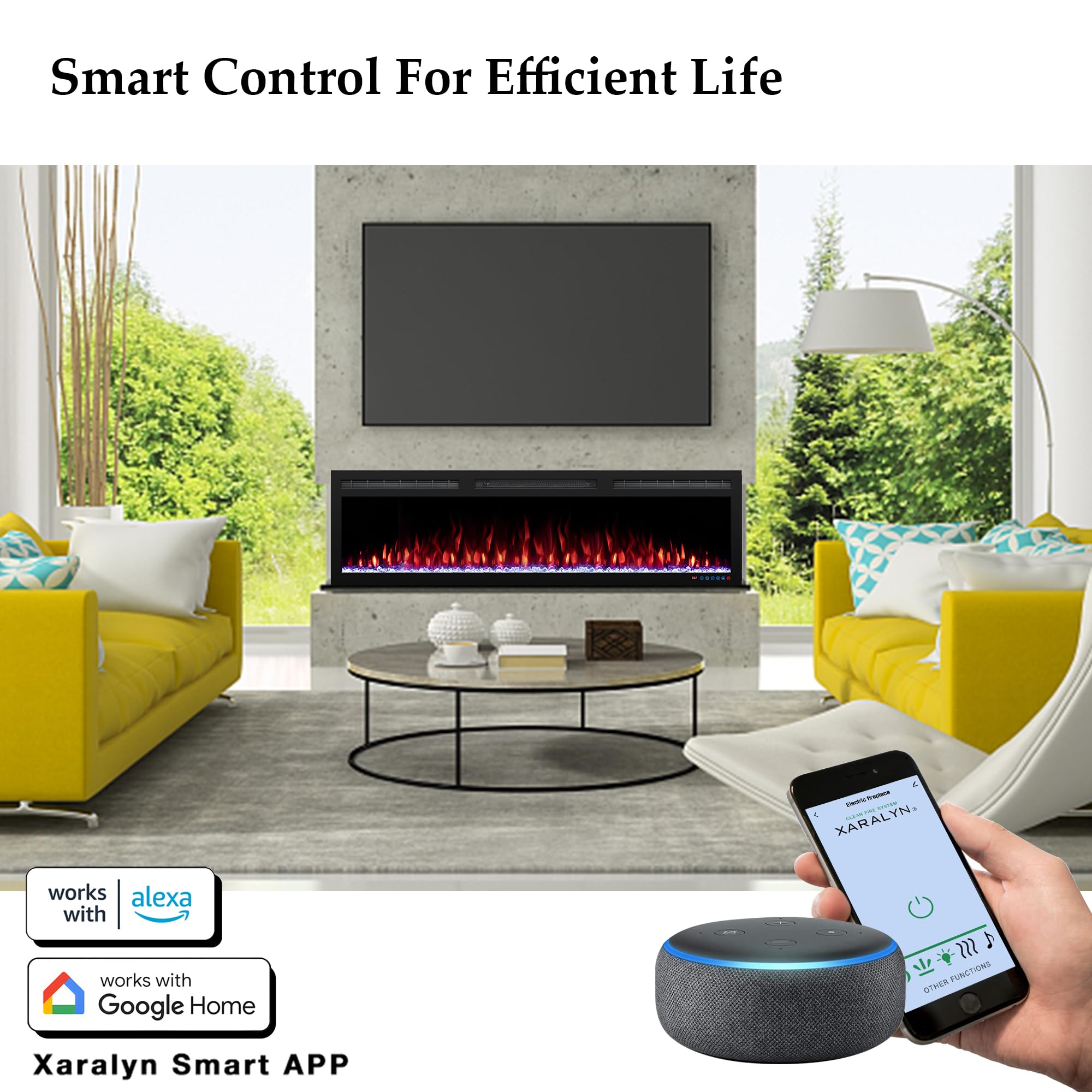 50 inch Electric Fireplace Heater, Smart Control via Alexa & App, Recessed and Wall Mounted Fireplace Insert w/Multicolor Realistic Flame Effects,Crackling Sound and Logs& Crystals, 1500W, Black