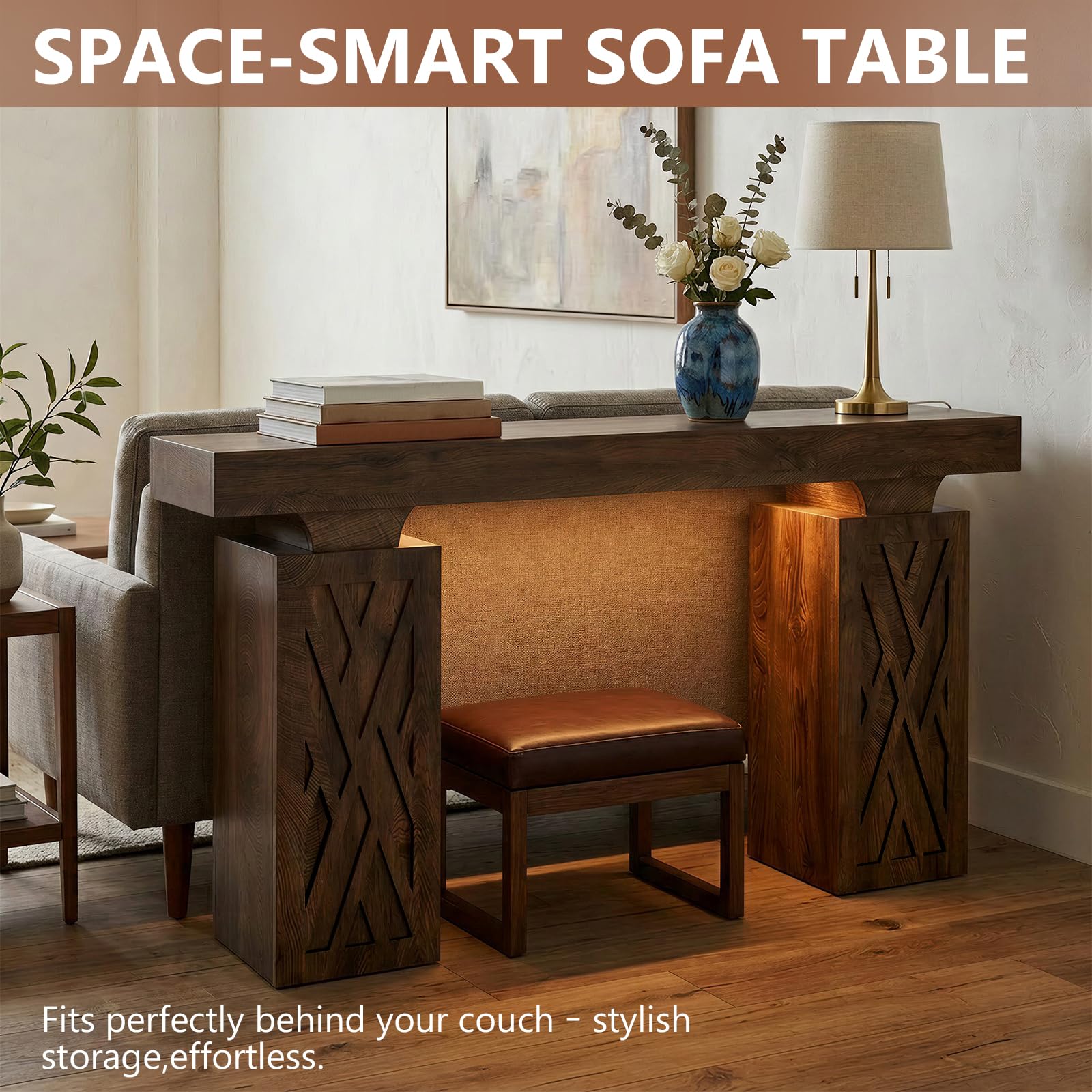 Foxemart 63-Inch Modern Console Table with LED & Outlet, Farmhouse Entryway Table with Geometric Base, Solid Wood-Grain Sofa Table Behind Couch, Narrow Accent Table for Hallway, Cracked Oak
