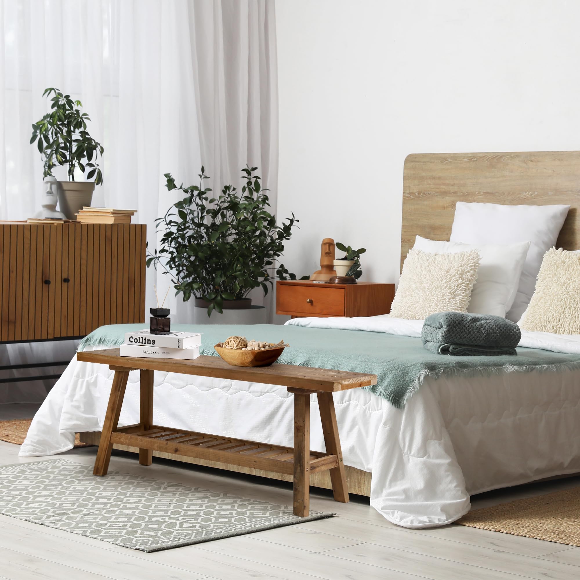 Reclaimed Wood Entryway Bench with Storage Shelf