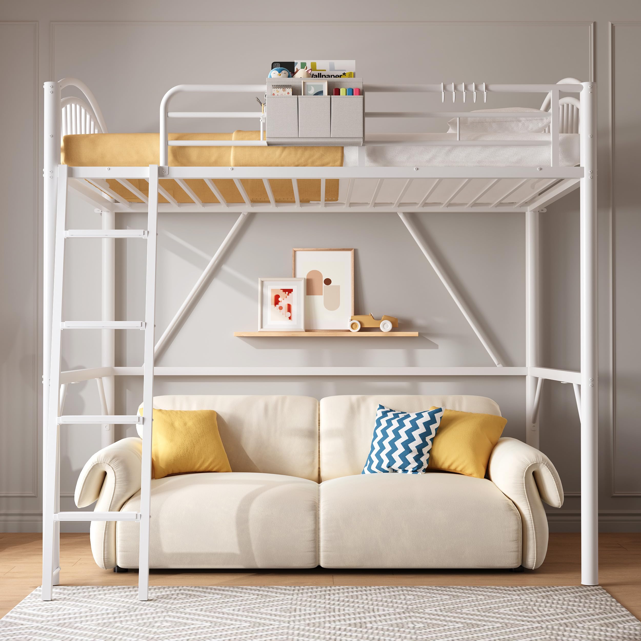 Twin Metal Loft Bed with Convertible Ladder