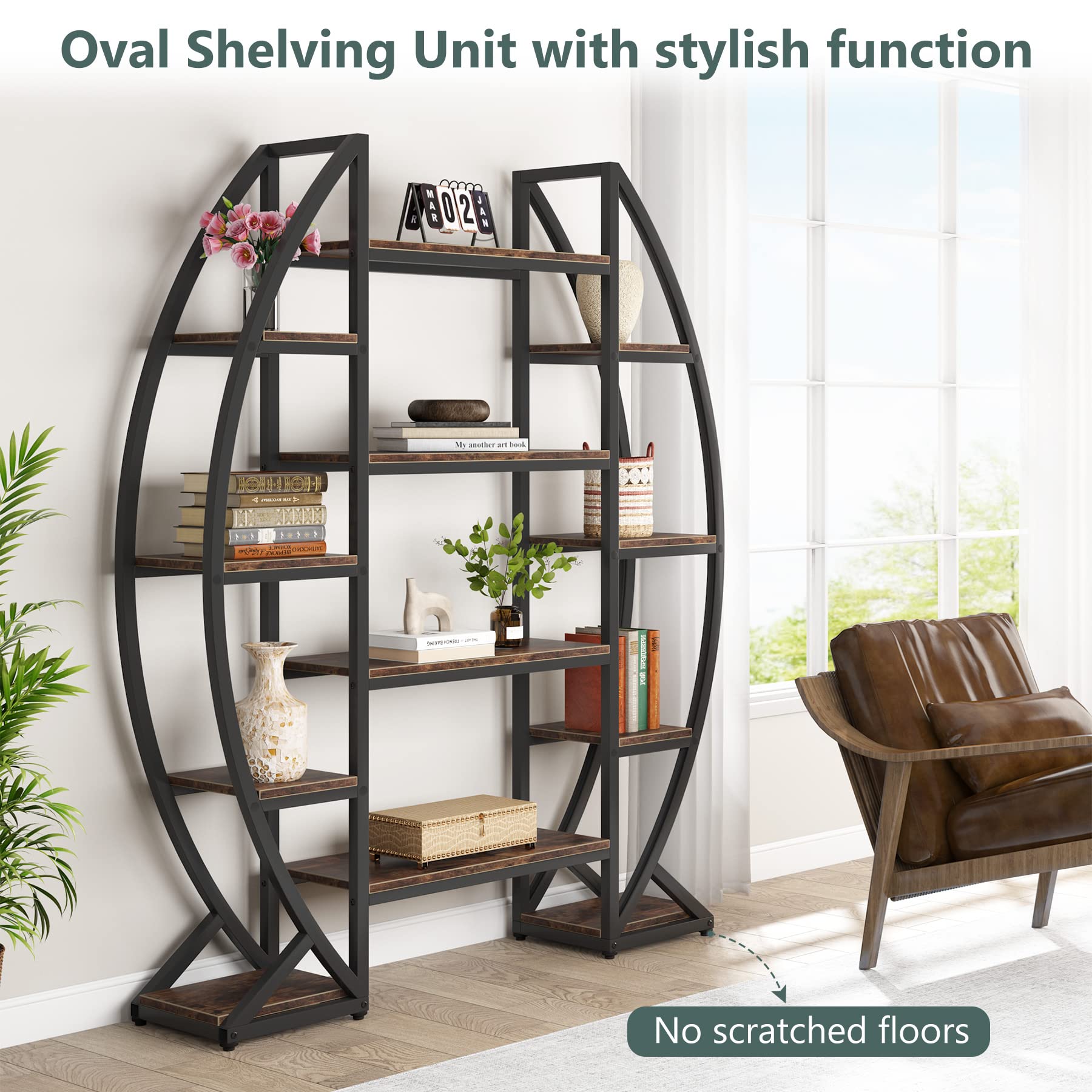 Triple Wide Oval Etagere Bookcase – 5-Tier, 12 Shelves, Industrial Metal Frame
