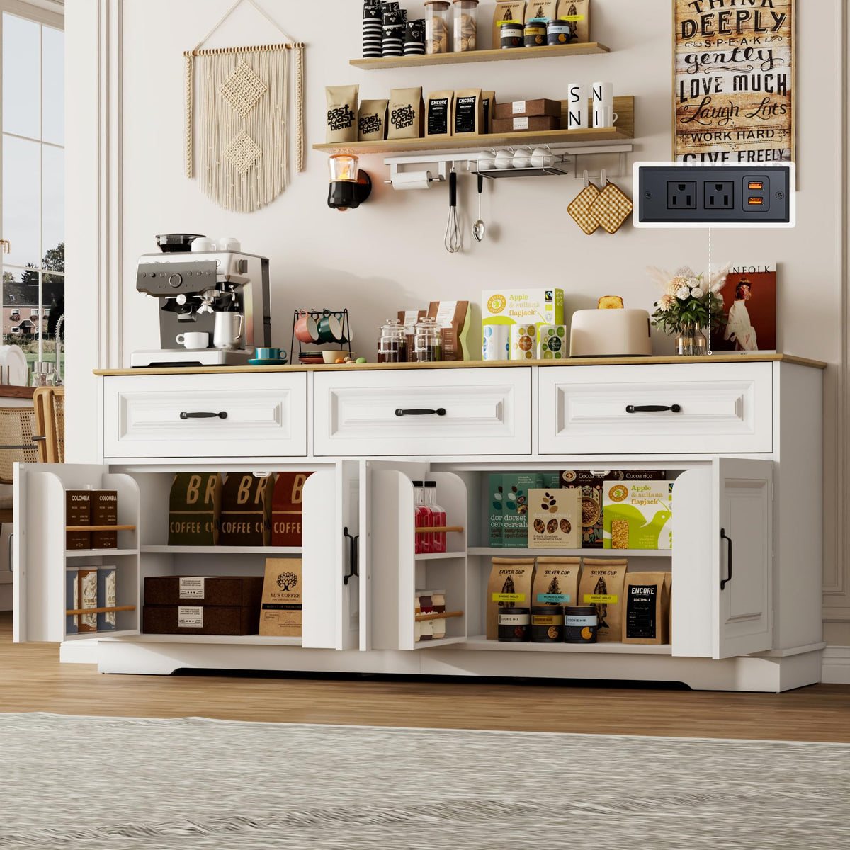White Farmhouse Sideboard with Power Outlets
