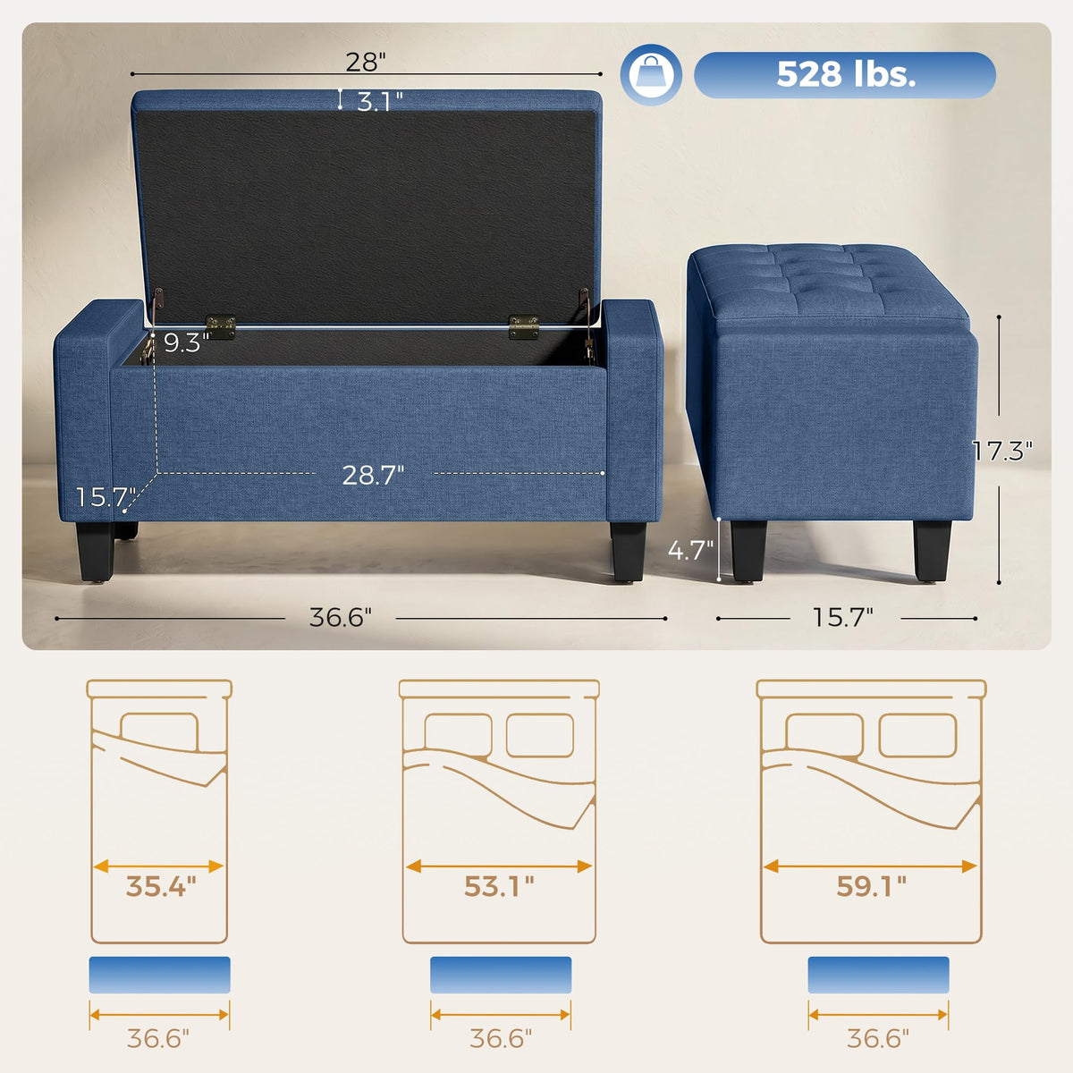 Blue Tufted Storage Ottoman Bench