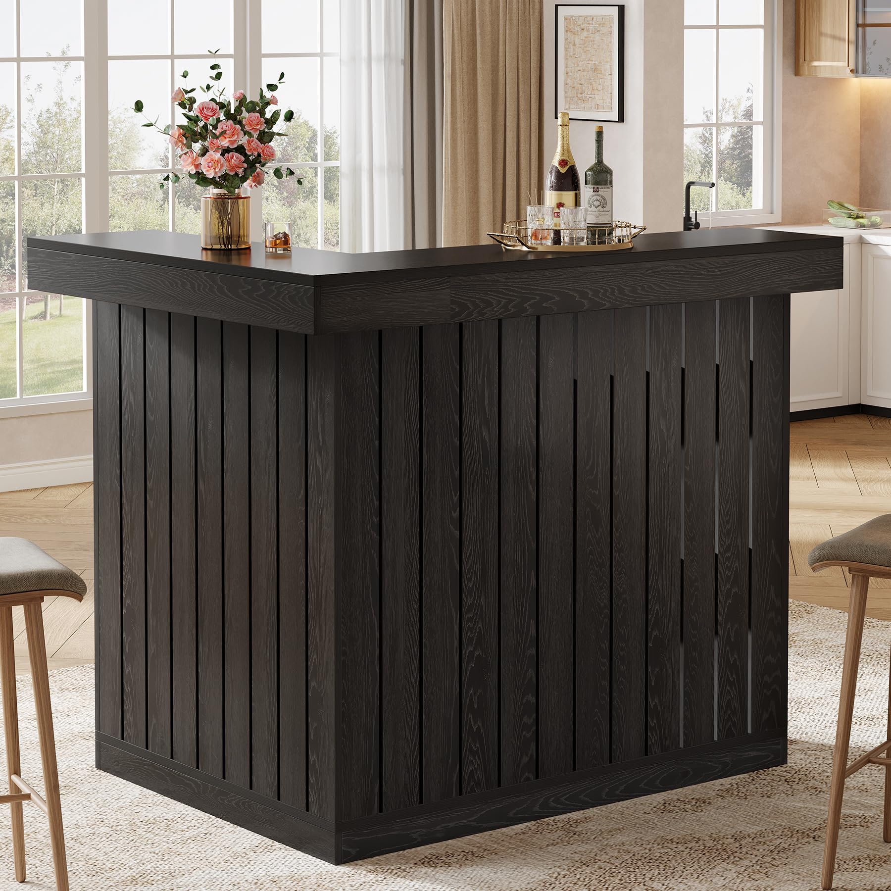 Tribesigns L Shaped Bar Table, 4-Tier Home Bar Unit with Wine Glasses Holders, Farmhouse Counter Height Pub Table with Storage Shelves, Corner Wine Table for Basement, Living Room (2, Black)