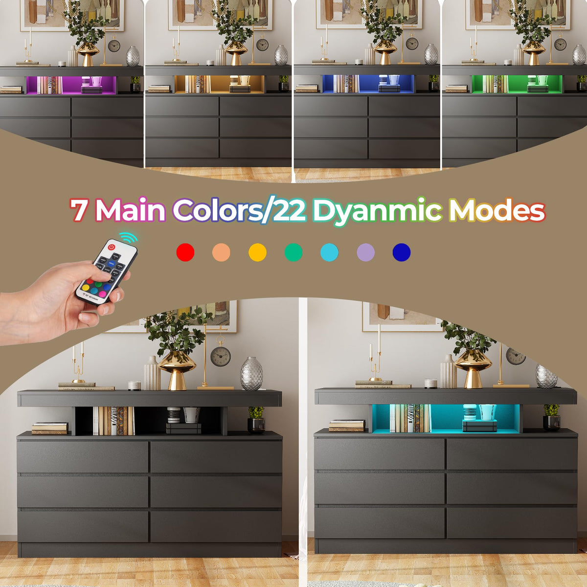 Black 6-Drawer LED Dresser