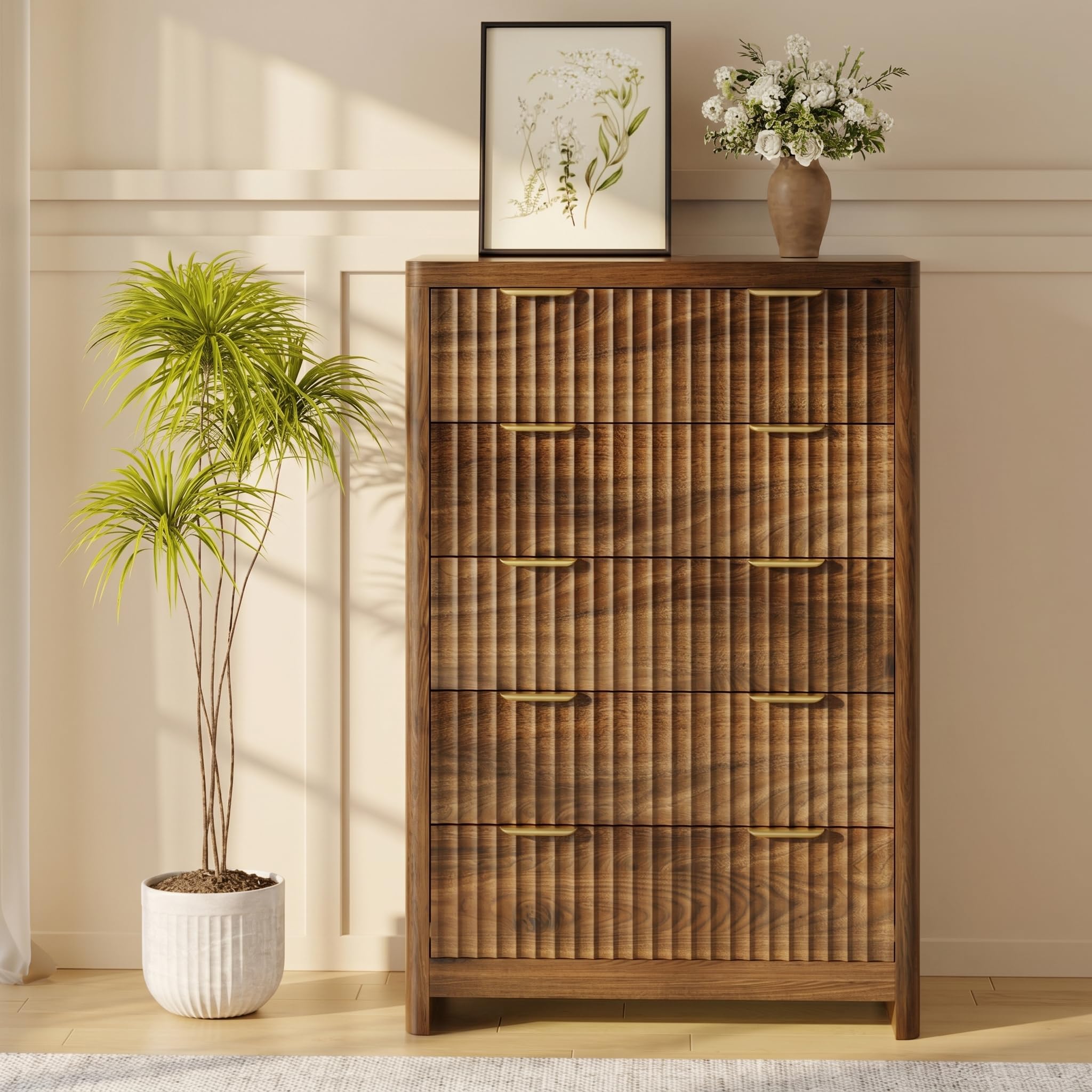 Varello Walnut Dresser for Bedroom with 5 Deep Drawers, 47" Tall Fluted Chest of Drawers with Storage & Round Corner, Mid Century Modern Closet Clothes Dresser, Wooden Storage Cabinet for Living Room